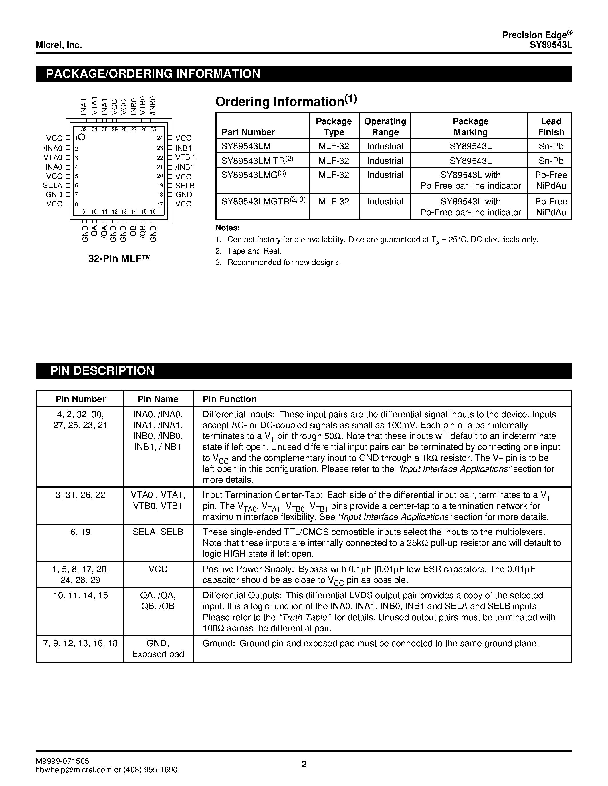 Datasheet SY89543L - DIFFERENTIAL 2:1 LVDS MULTIPLEXER page 2