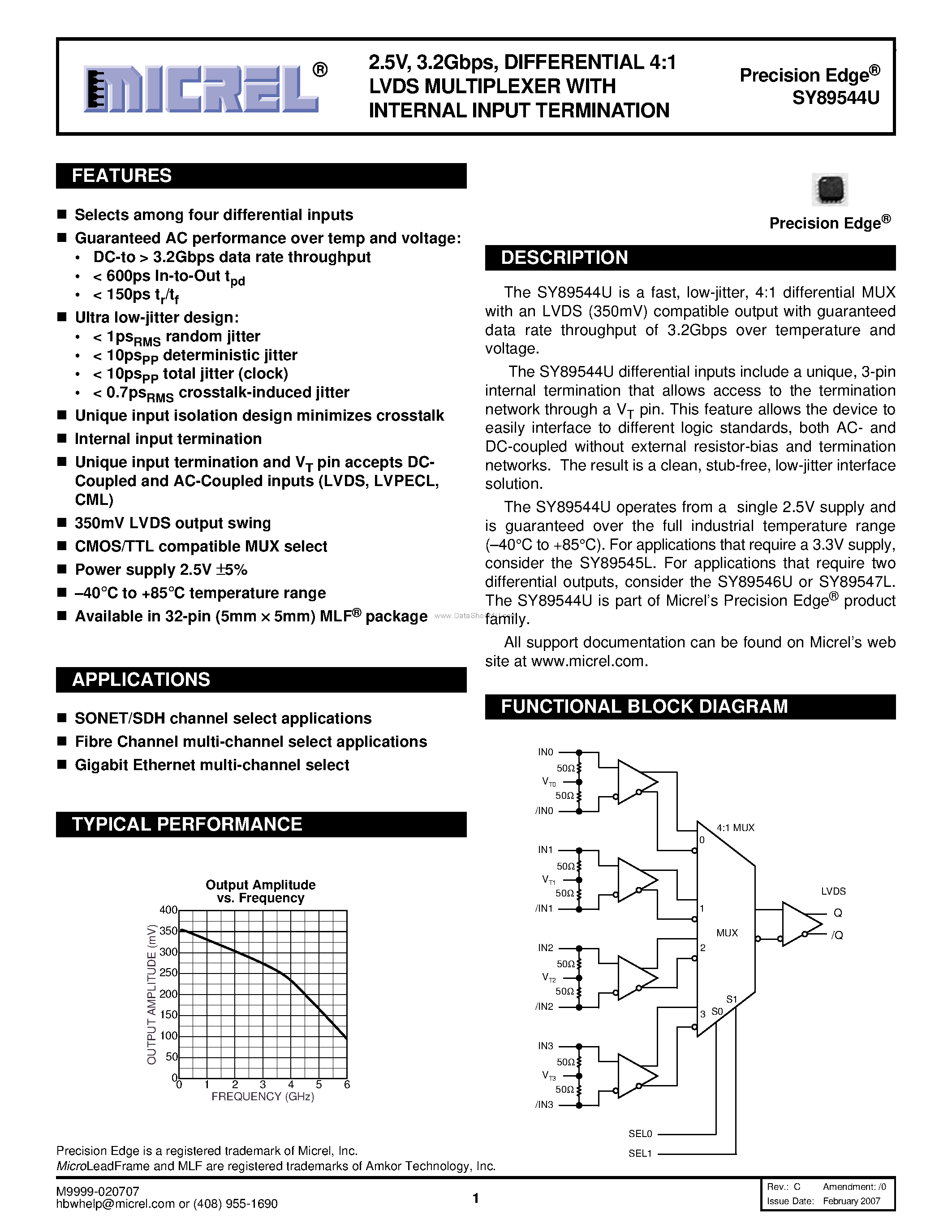 Даташит SY89544U - DIFFERENTIAL 4:1 LVDS MULTIPLEXER страница 1