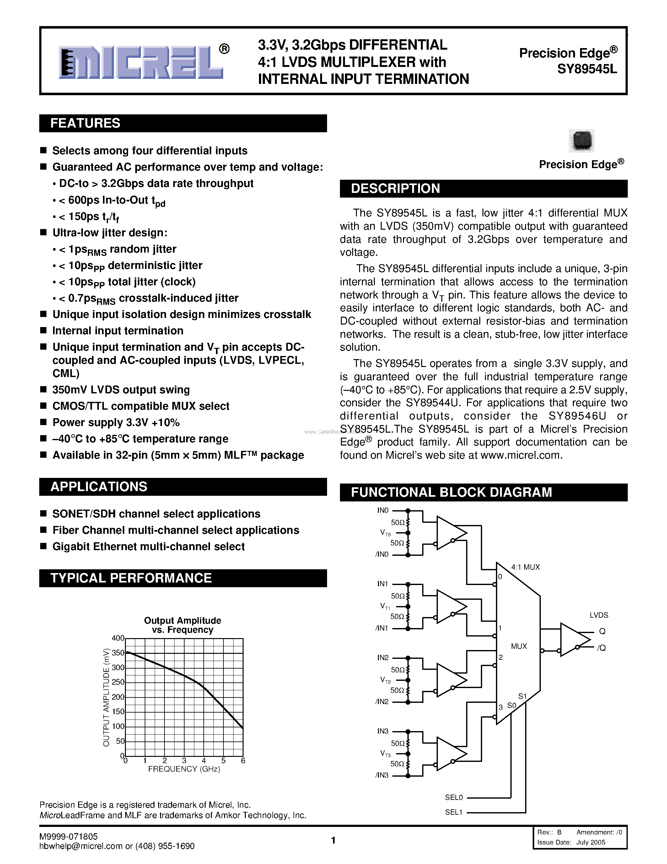 Datasheet SY89545L - DIFFERENTIAL 4:1 LVDS MULTIPLEXER page 1