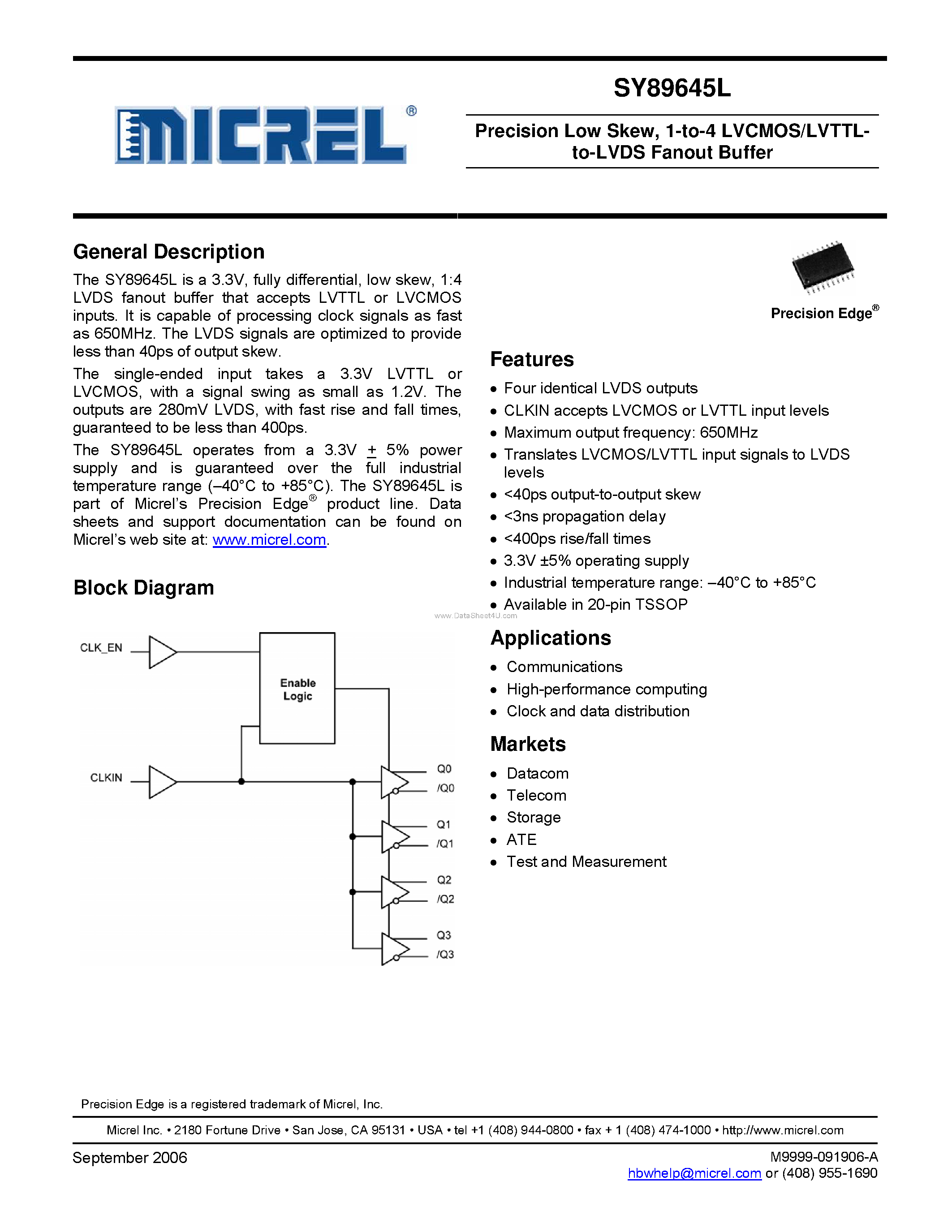 Даташит на микросхему SY89645L страница 1 Даташит SY89645L - 1-to-4 LVCMOS/LVTTLto-LVDS Fanout Buffer страница 1