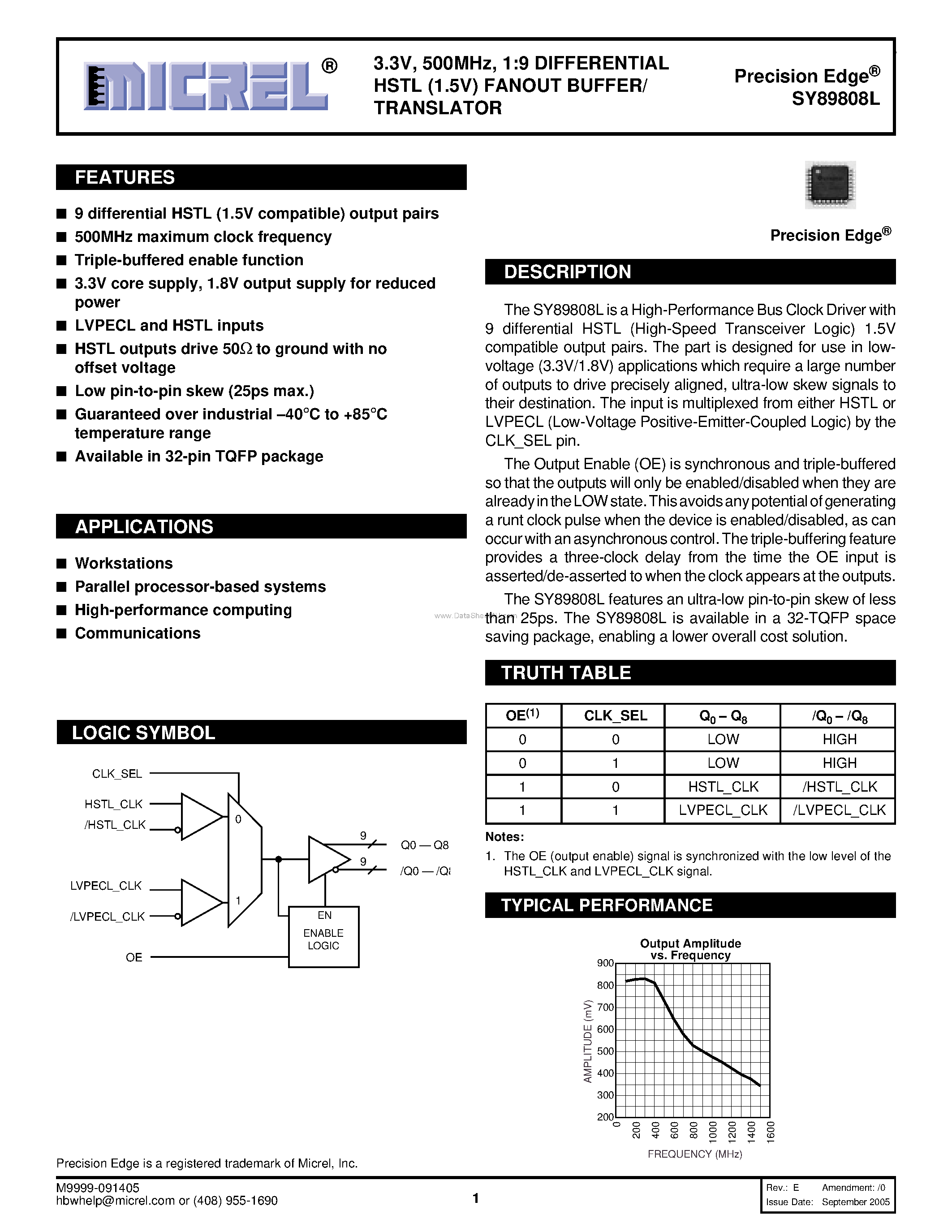 Datasheet SY89808L - 1:9 DIFFERENTIAL HSTL (1.5V) FANOUT BUFFER/TRANSLATOR page 1