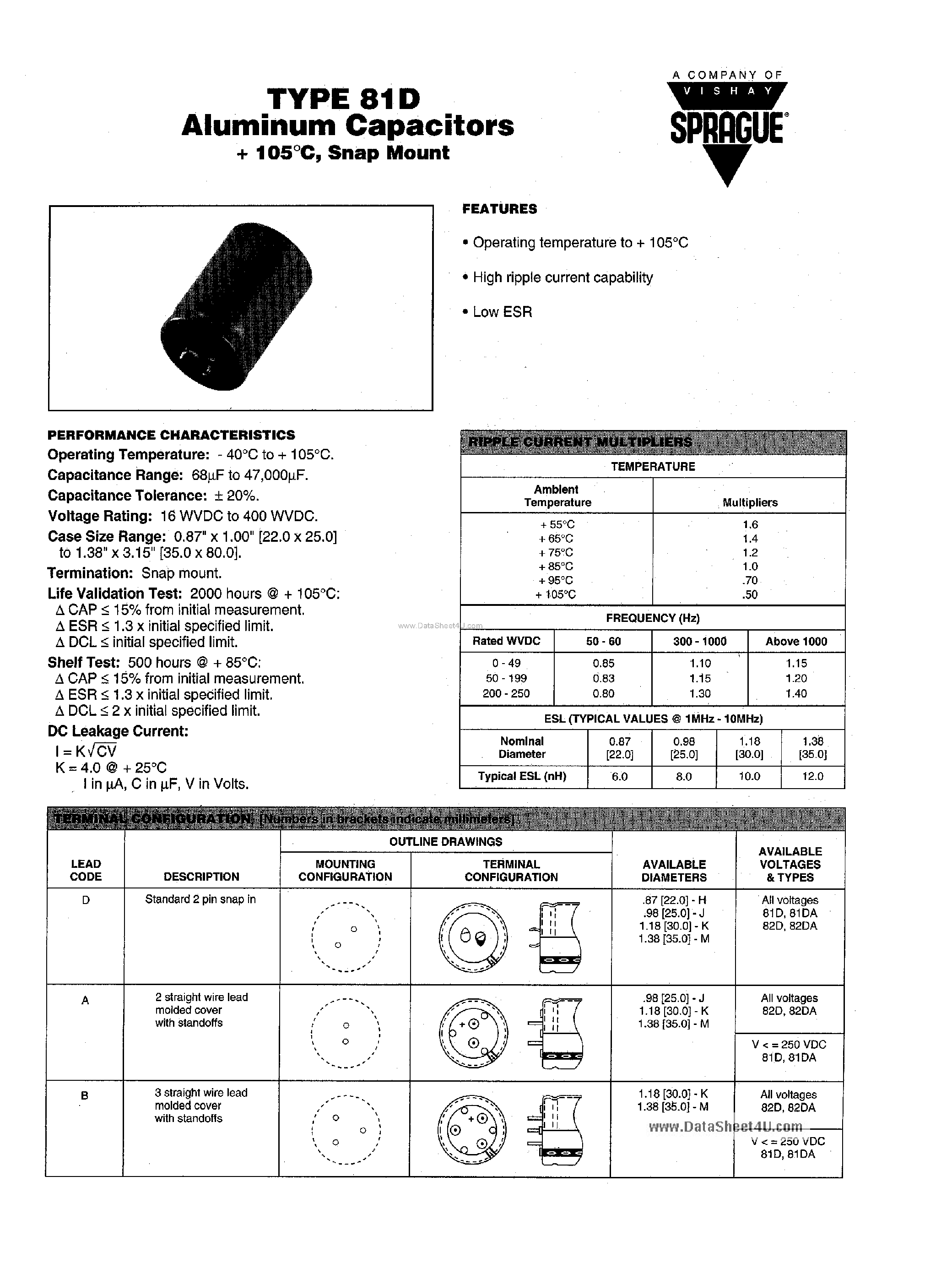 Datasheet 81D103M035xx2D page 1 Datasheet 81D103M035xx2D - Type 81D Aluminum Capacitors page 1