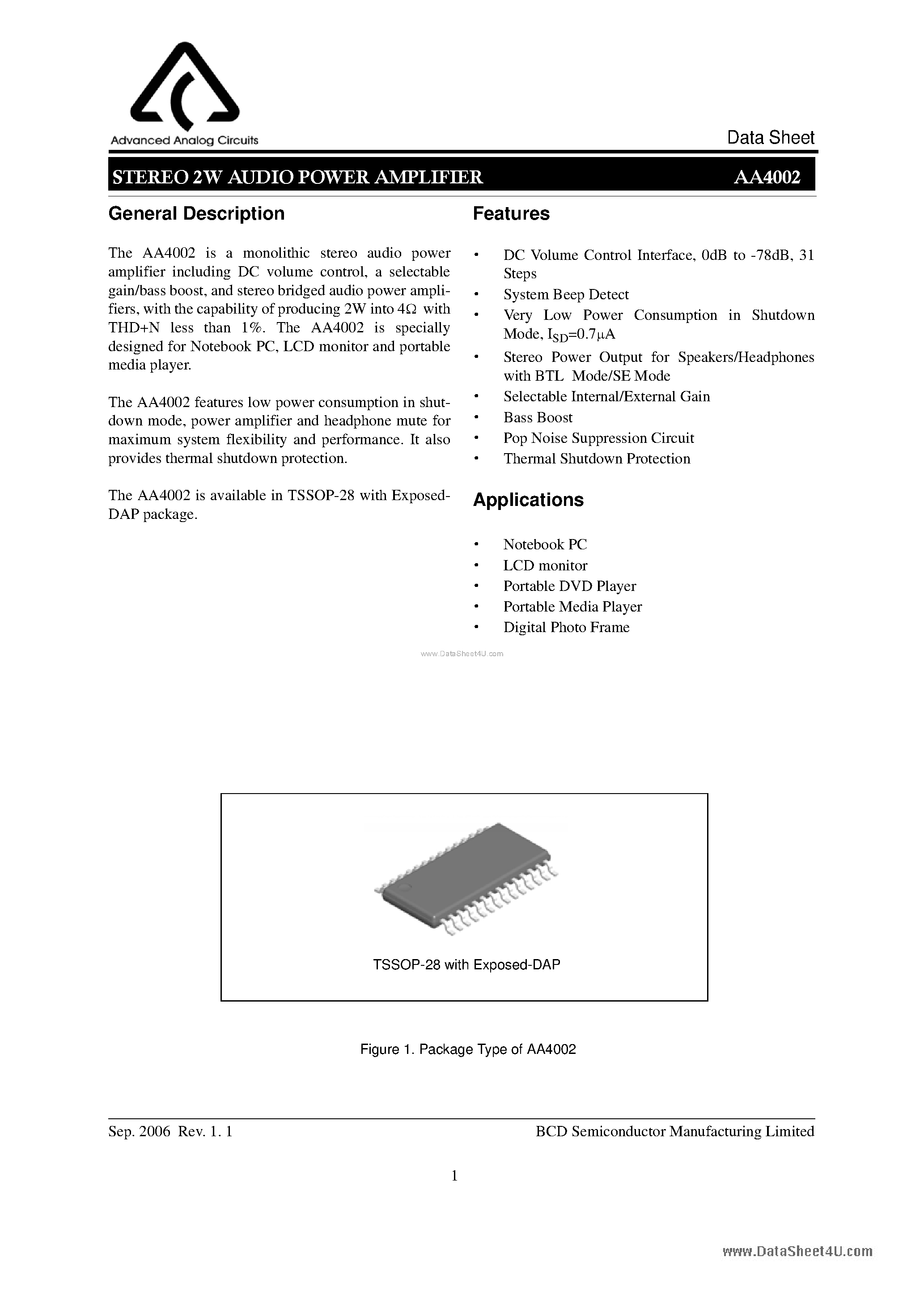 Datasheet AA4002 - STEREO 2W AUDIO POWER AMPLIFIER page 1