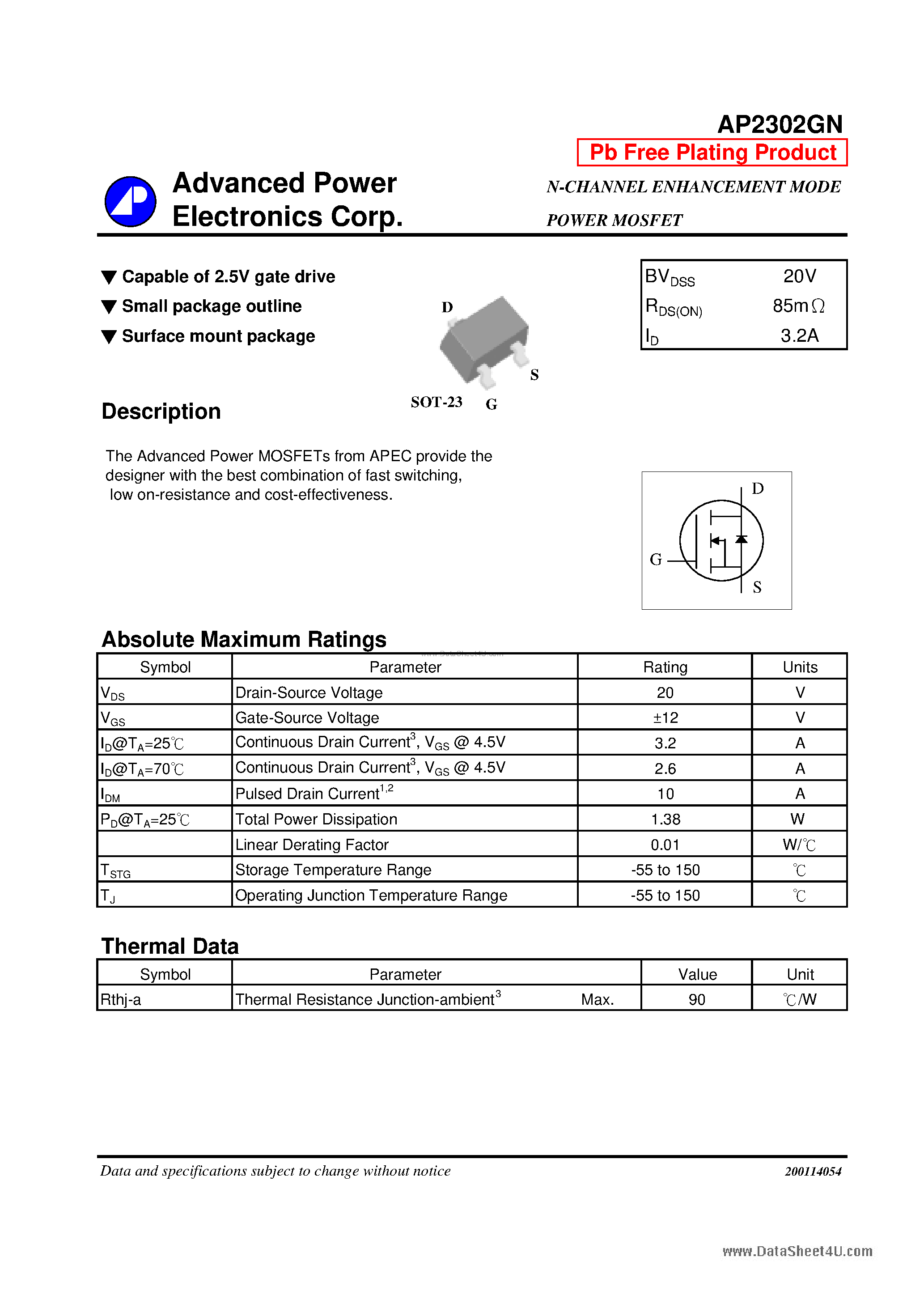 Datasheet AP2302GN - N-CHANNEL ENHANCEMENT MODE POWER MOSFET page 1