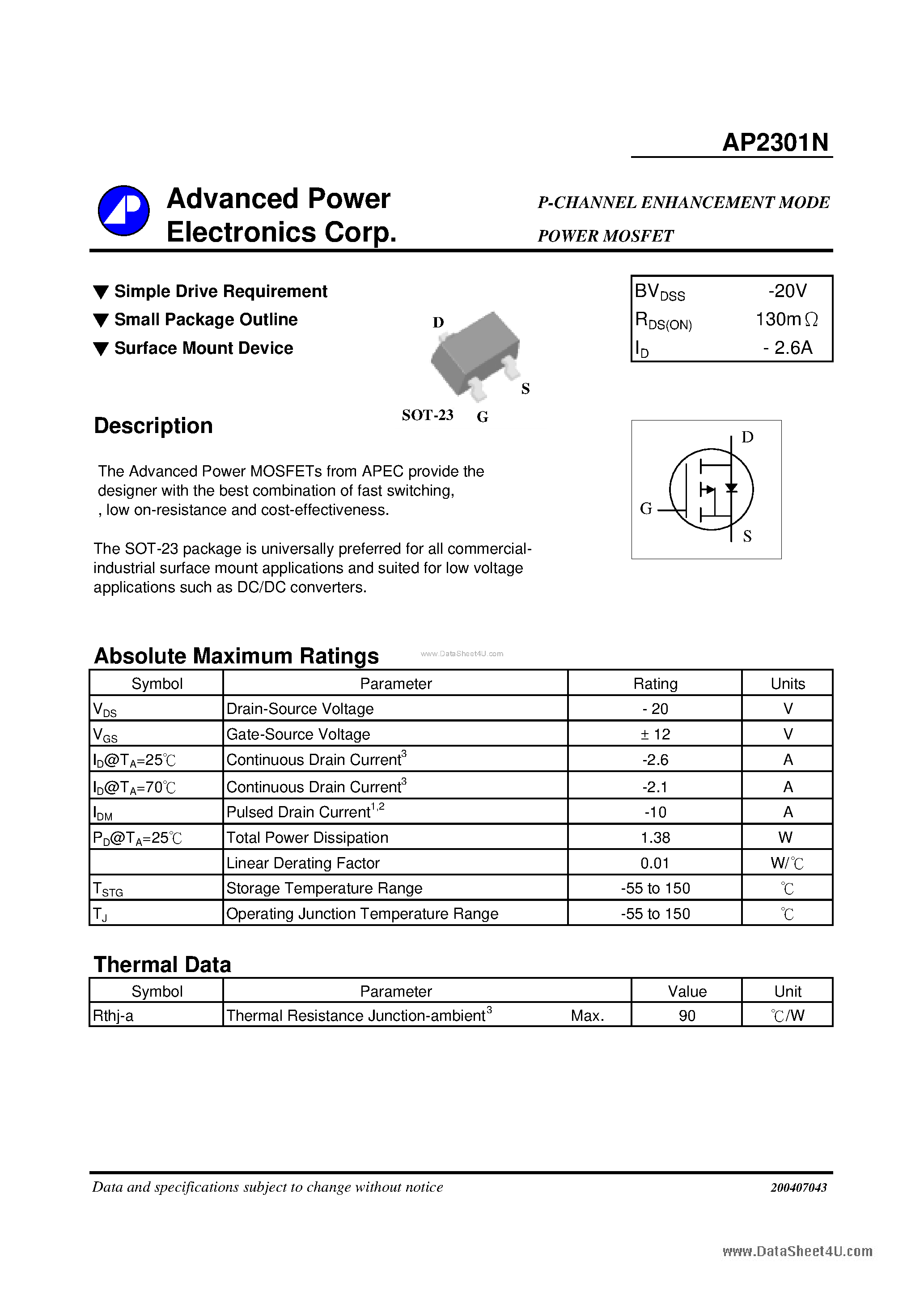 Datasheet AP2301N page 1 Datasheet AP2301N - P-CHANNEL ENHANCEMENT MODE page 1