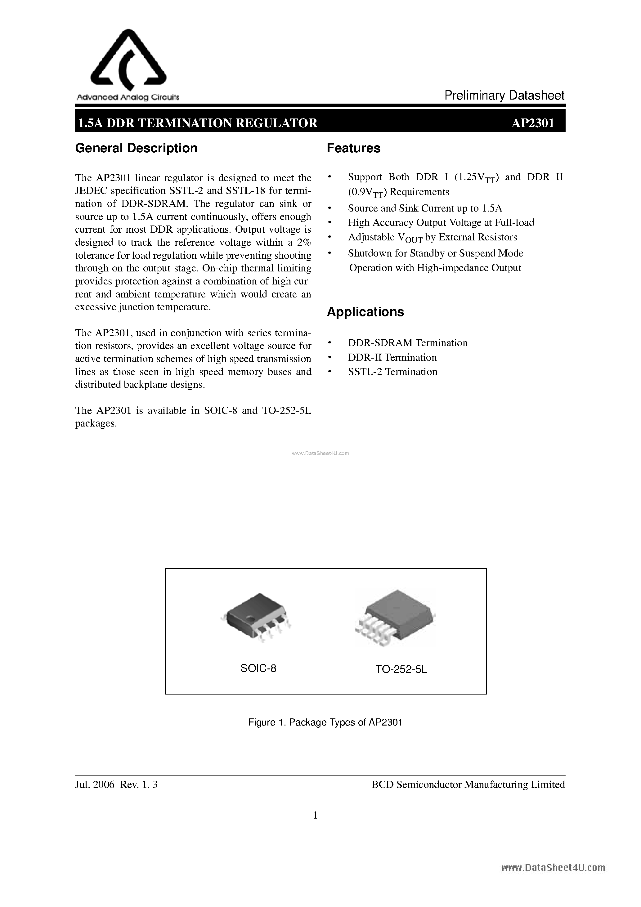 Даташит на микросхему AP2301 страница 1 Даташит AP2301 - 1.5A DDR TERMINATION REGULATOR страница 1