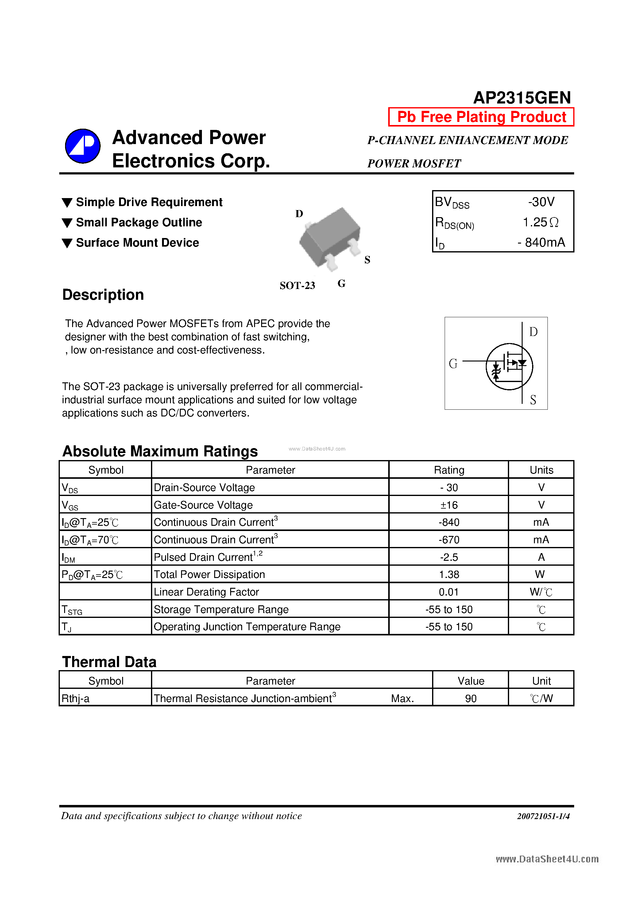 Даташит AP2315GEN - P-CHANNEL ENHANCEMENT MODE POWER MOSFET страница 1