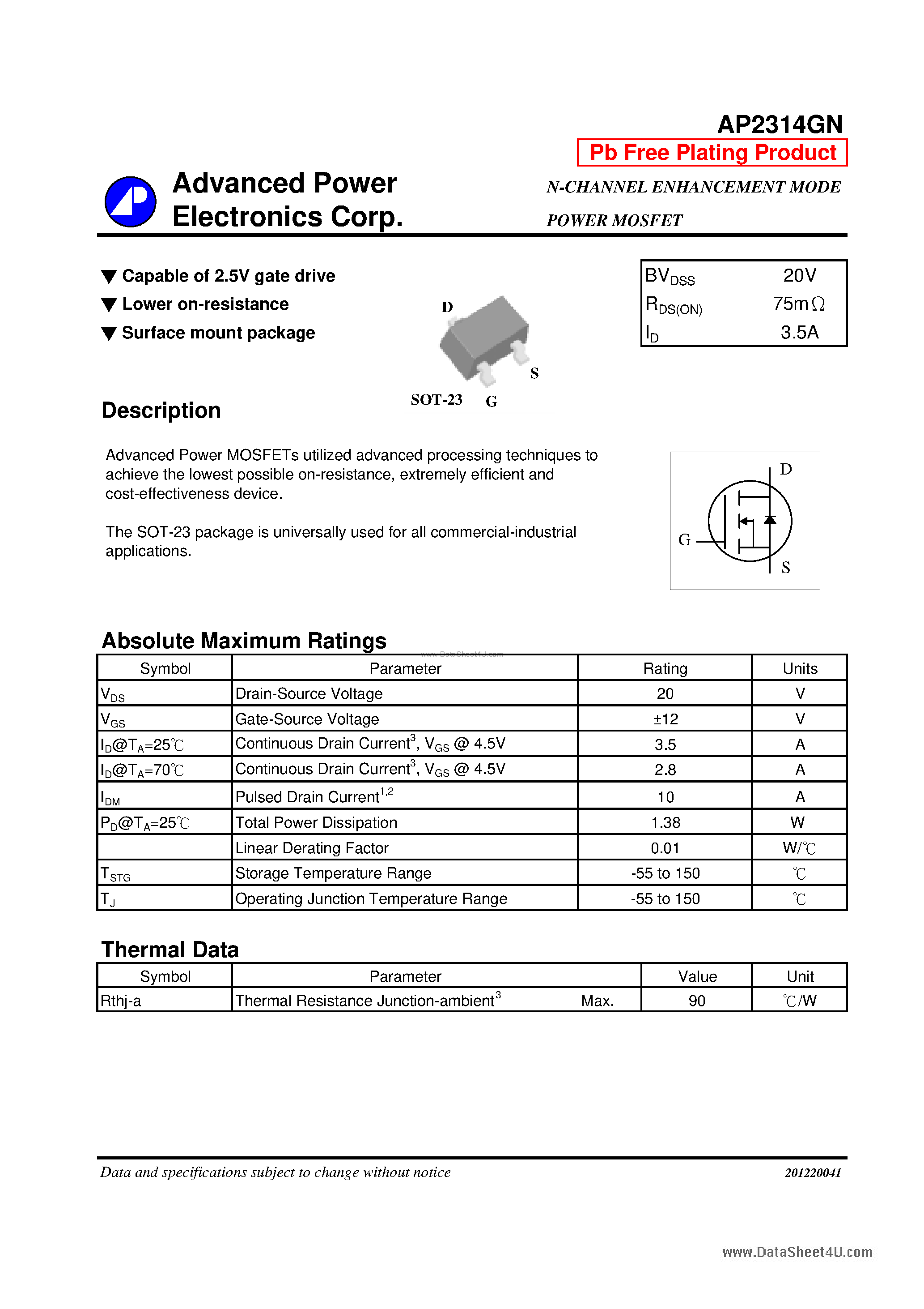 Datasheet AP2314GN - N-CHANNEL ENHANCEMENT MODE POWER MOSFET page 1