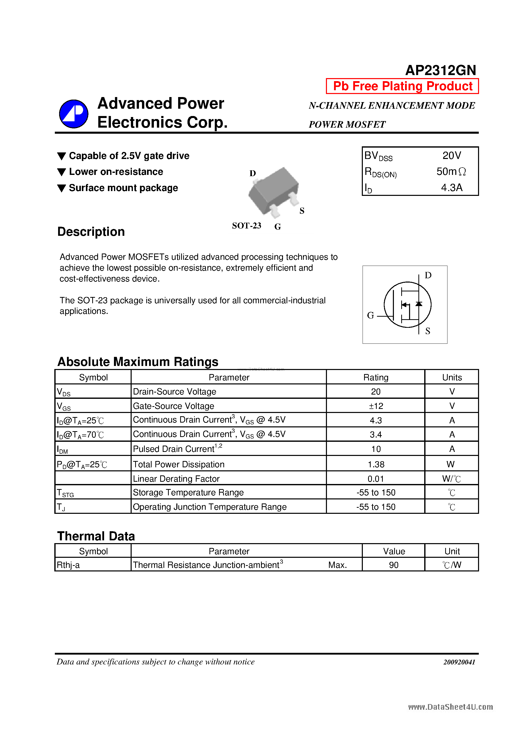 Datasheet AP2312GN - N-CHANNEL ENHANCEMENT MODE POWER MOSFET page 1