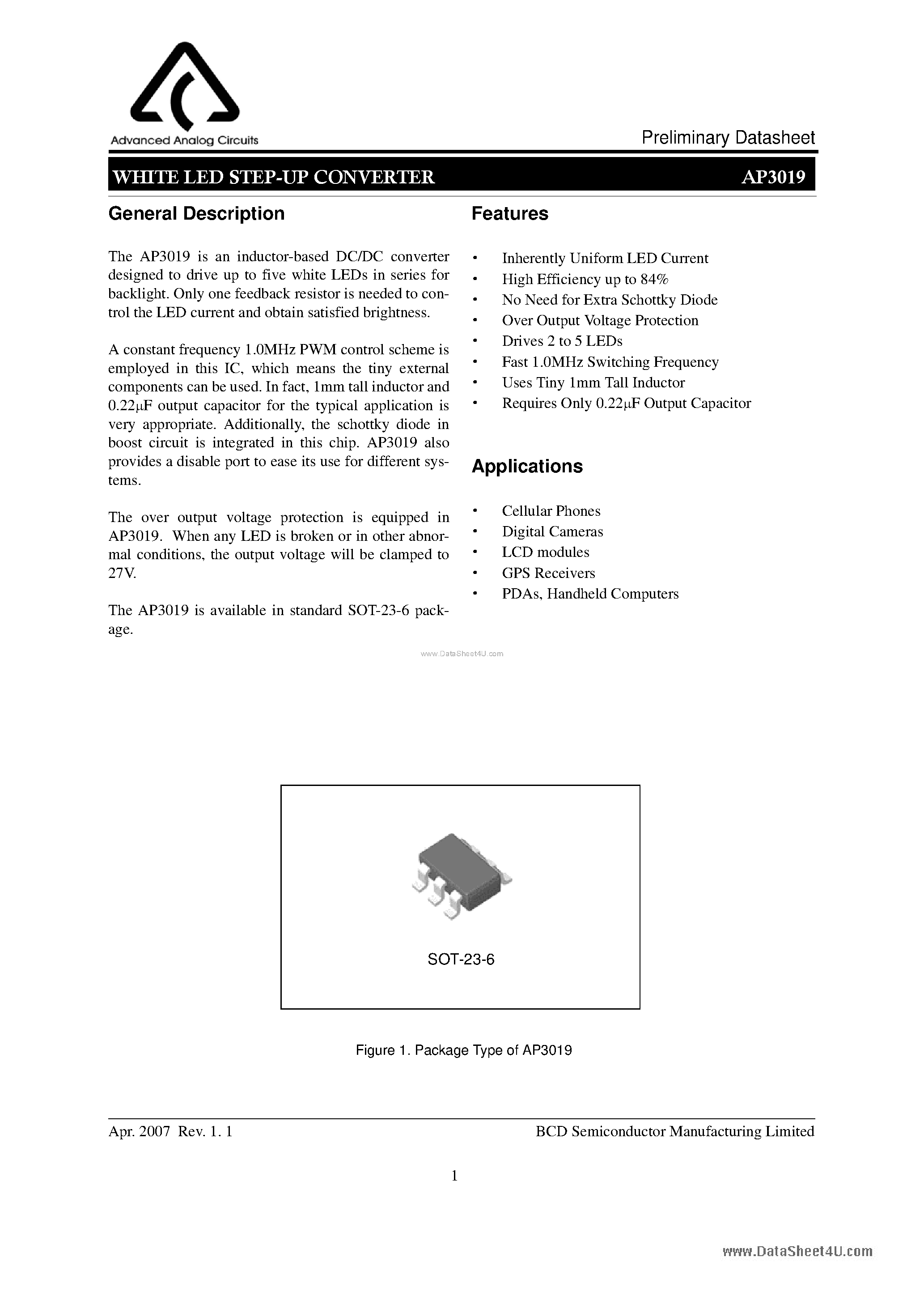 Даташит AP3019 - WHITE LED STEP-UP CONVERTER страница 1