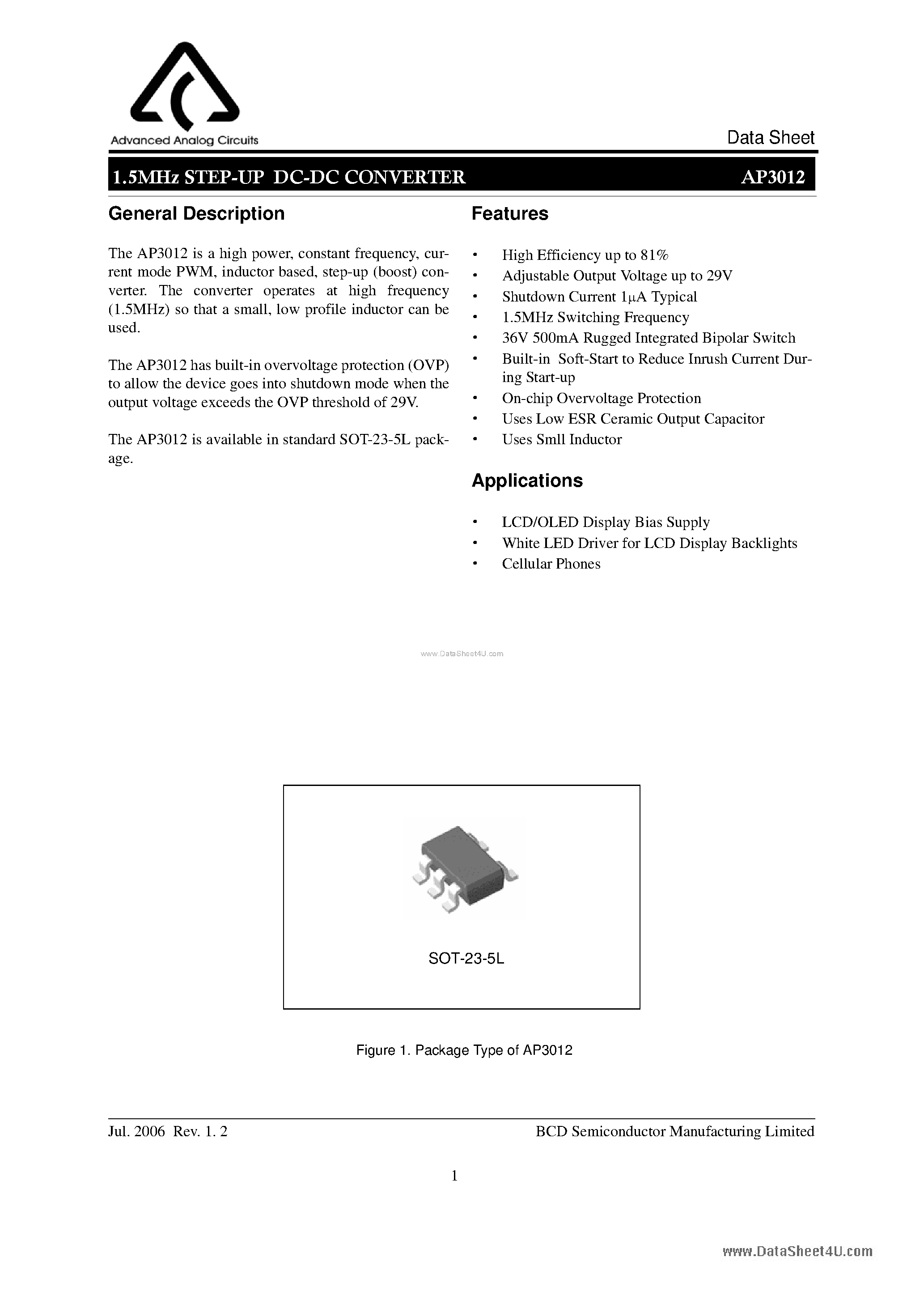 Даташит на микросхему AP3012 страница 1 Даташит AP3012 - STEP-UP DC-DC CONVERTER страница 1