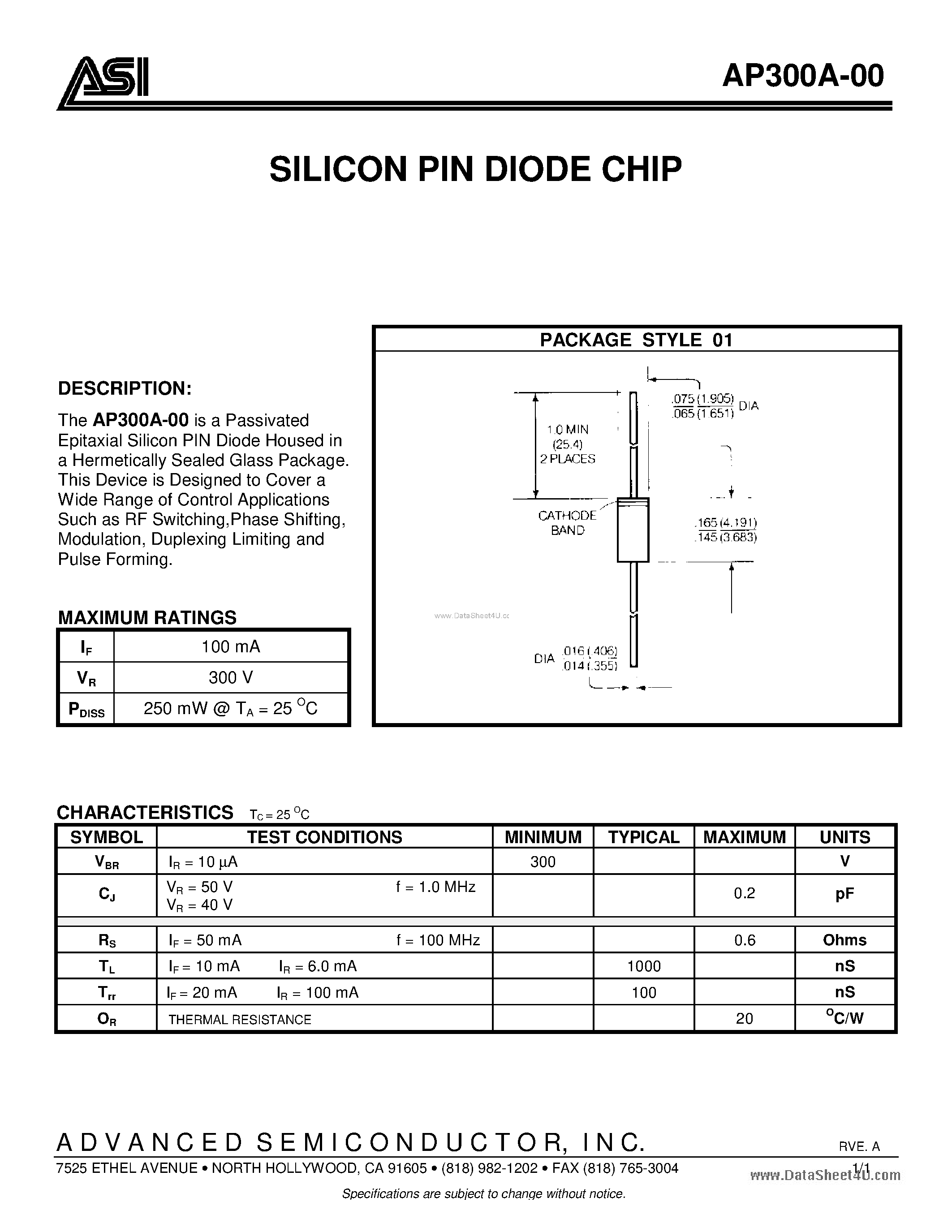 Datasheet AP300A-00 - SILICON PIN DIODE CHIP page 1
