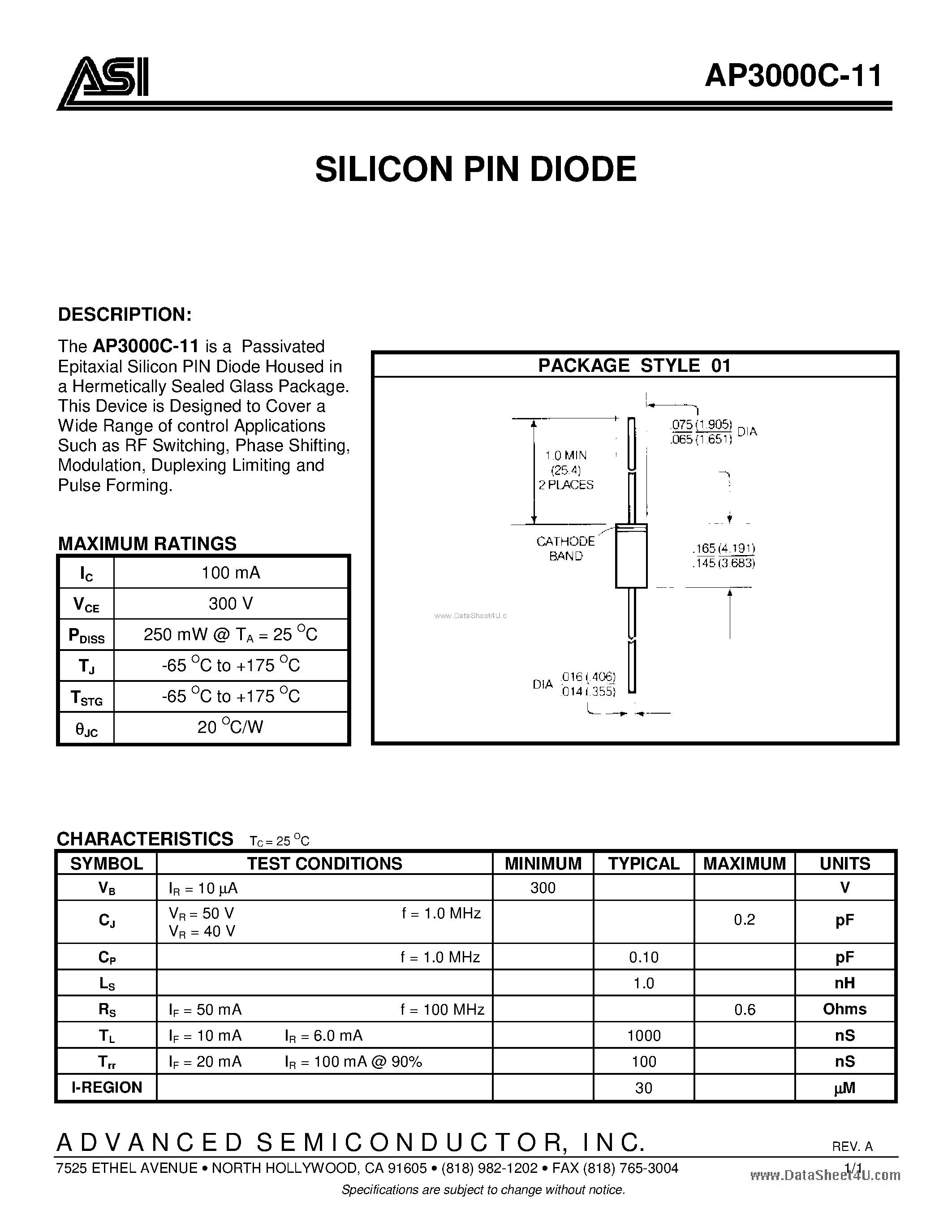 Datasheet AP3000C-11 page 1 Datasheet AP3000C-11 - SILICON PIN DIODE page 1