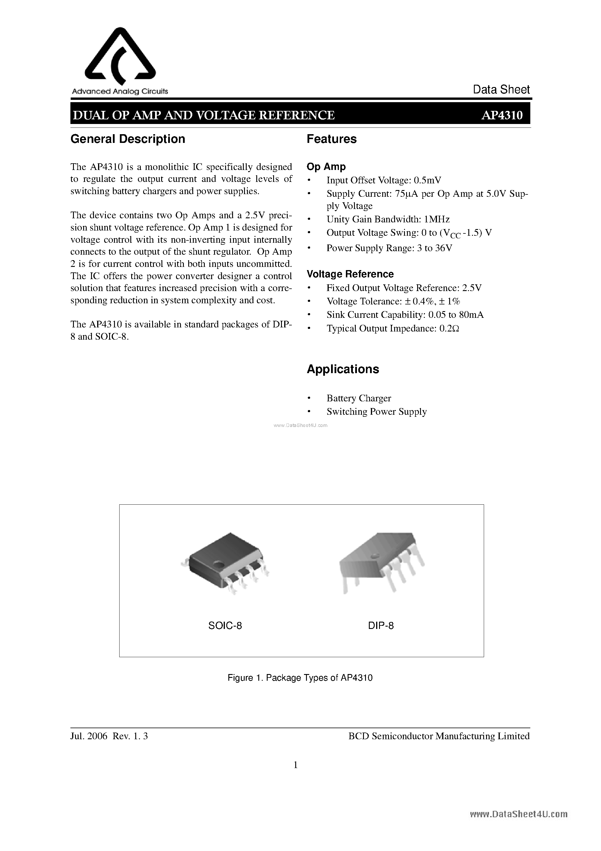 Даташит на микросхему AP4310 страница 1 Даташит AP4310 - DUAL OP AMP AND VOLTAGE REFERENCE страница 1