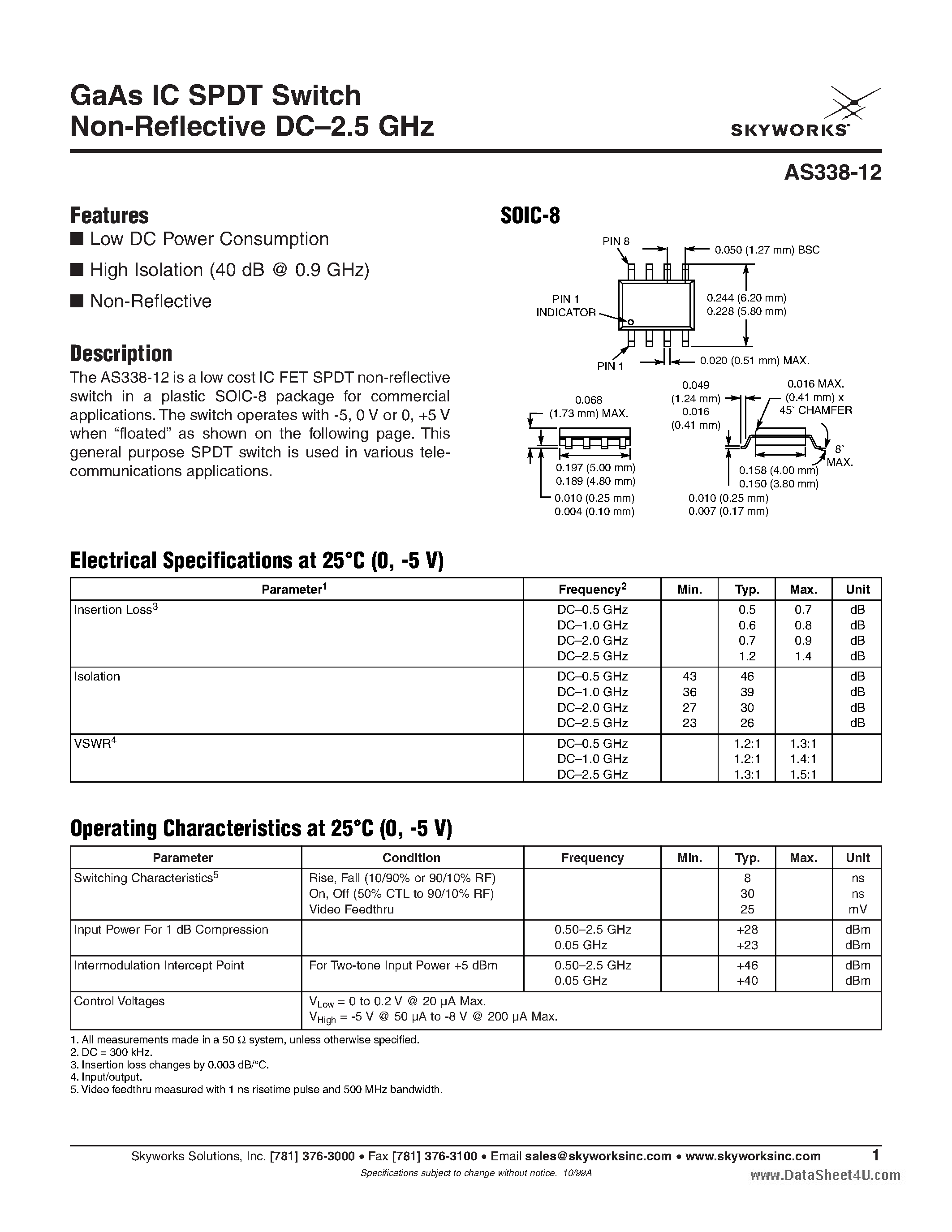 Даташит AS338-12 - GaAs IC SPDT Switch Non-Reflective страница 1