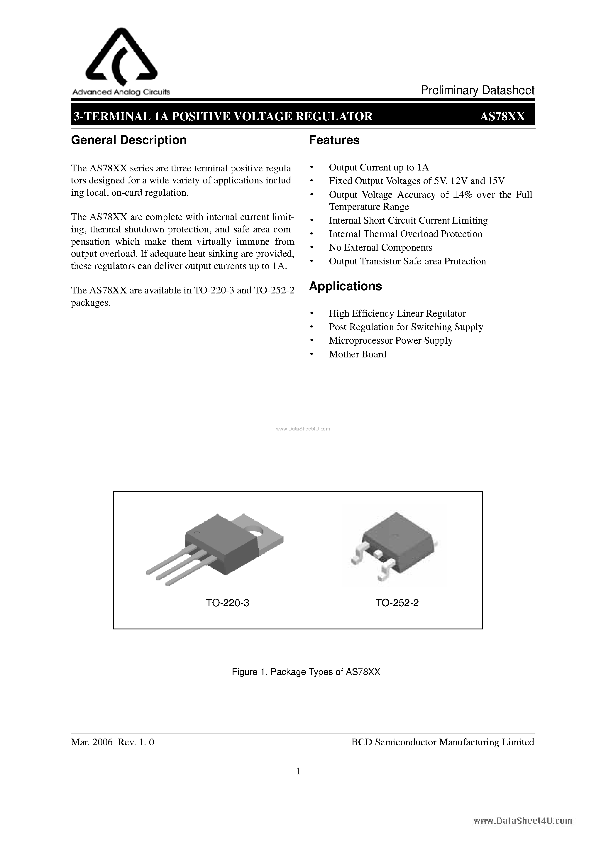 Datasheet AS78XX - 3-TERMINAL 1A POSITIVE VOLTAGE REGULATOR page 1