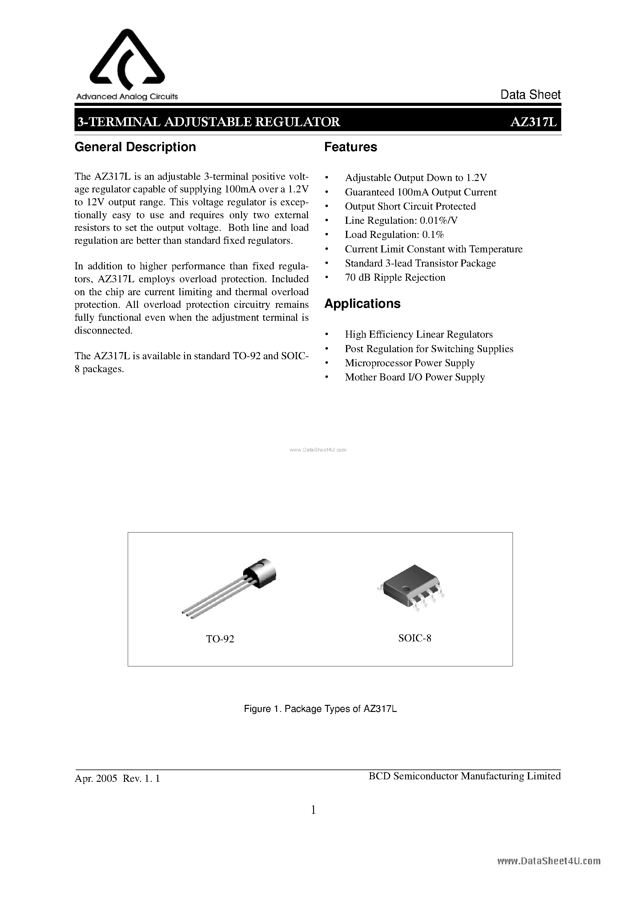 Datasheet AZ317L - 3-TERMINAL ADJUSTABLE REGULATOR page 1