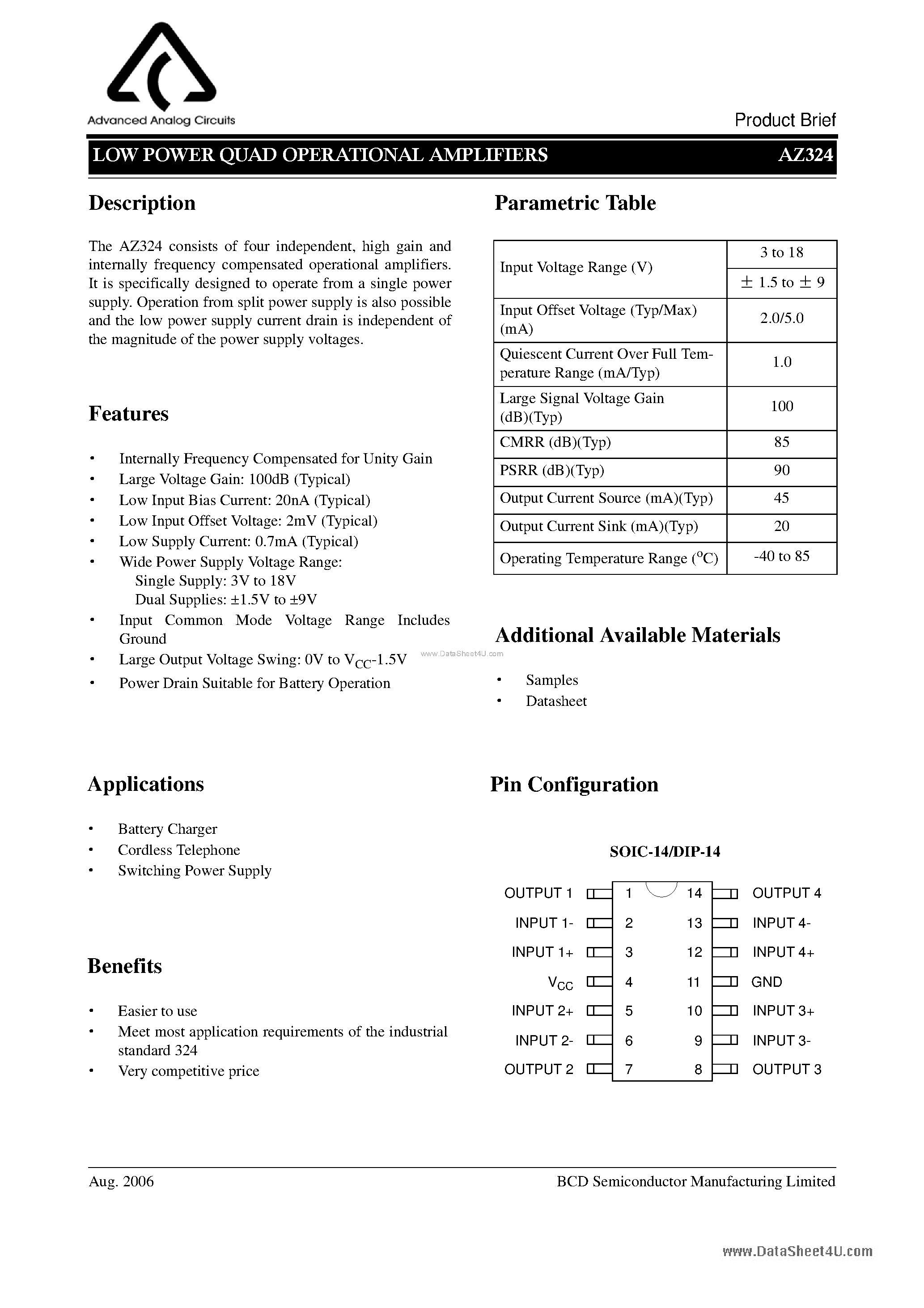 Даташит AZ324 - LOW POWER QUAD OPERATIONAL AMPLIFIERS страница 1