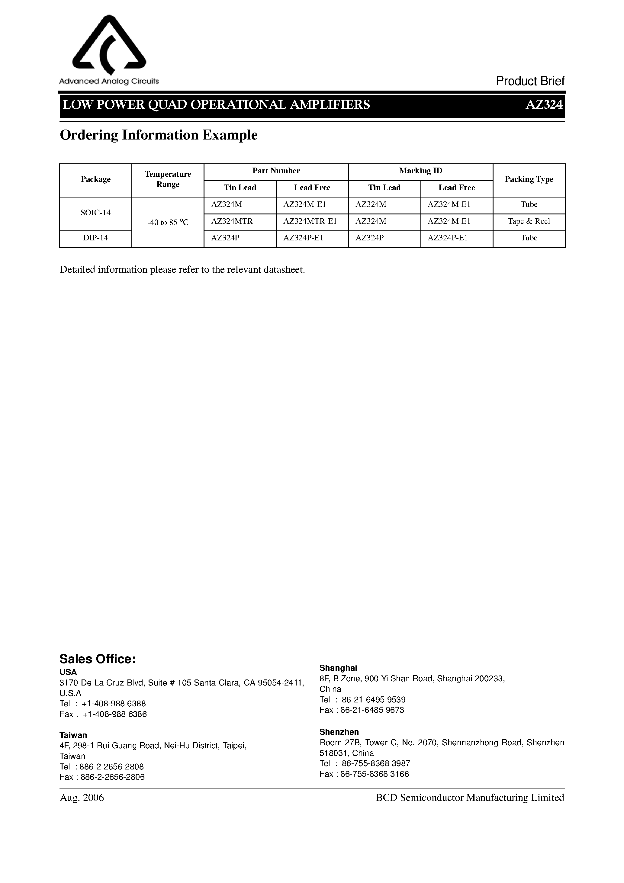Даташит AZ324 - LOW POWER QUAD OPERATIONAL AMPLIFIERS страница 2