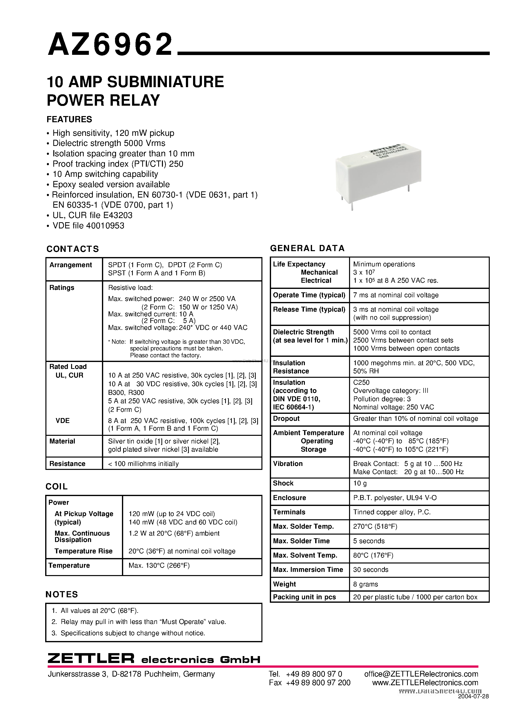 Даташит на микросхему AZ6962 страница 1 Даташит AZ6962 - SUBMINIATURE POWER RELAY страница 1