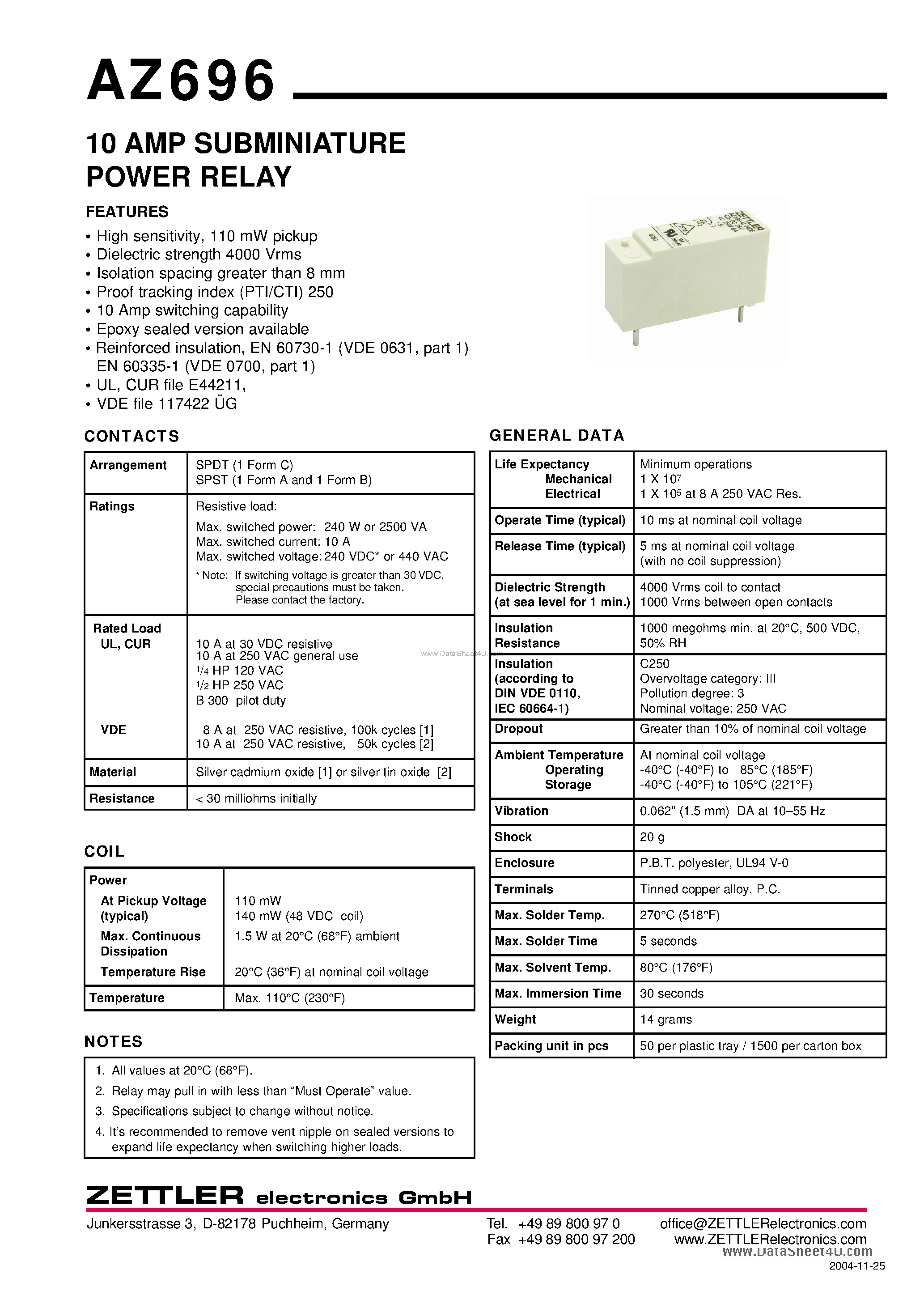 Даташит AZ696 - SUBMINIATURE POWER RELAY страница 1