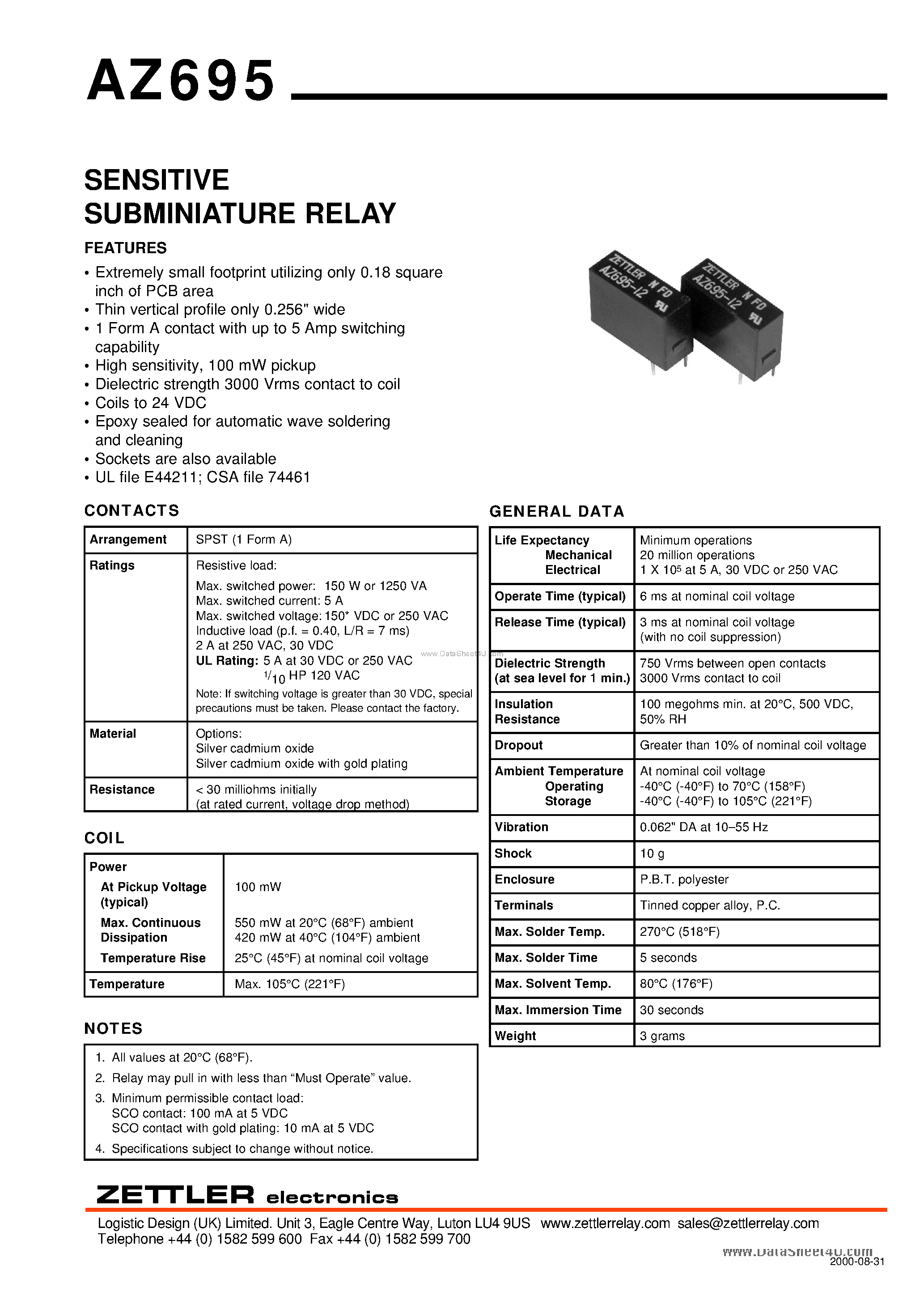 Даташит на микросхему AZ695 страница 1 Даташит AZ695 - SENSITIVE SUBMINIATURE RELAY страница 1
