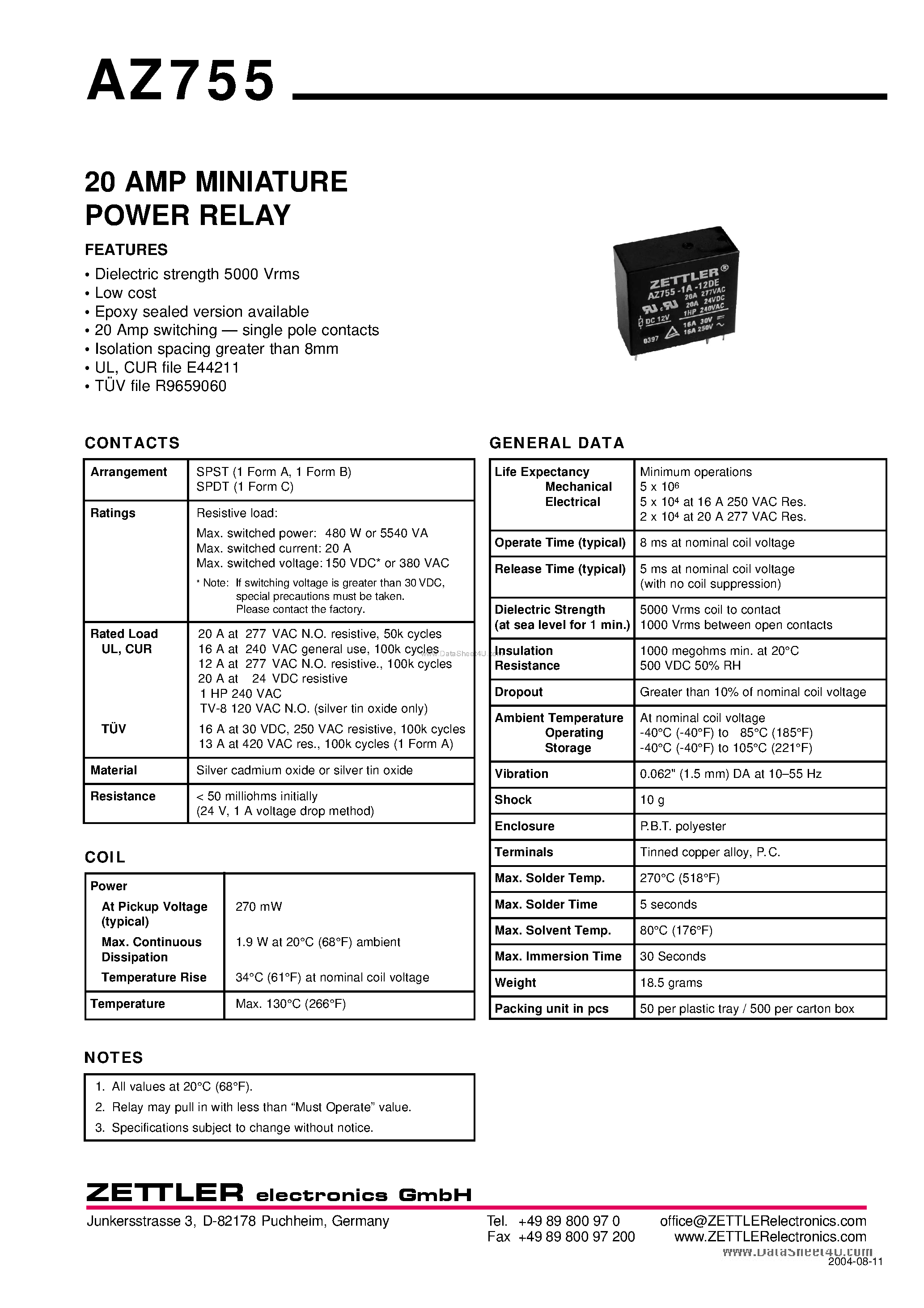 Даташит AZ755 - 20 AMP MINIATURE POWER RELAY страница 1
