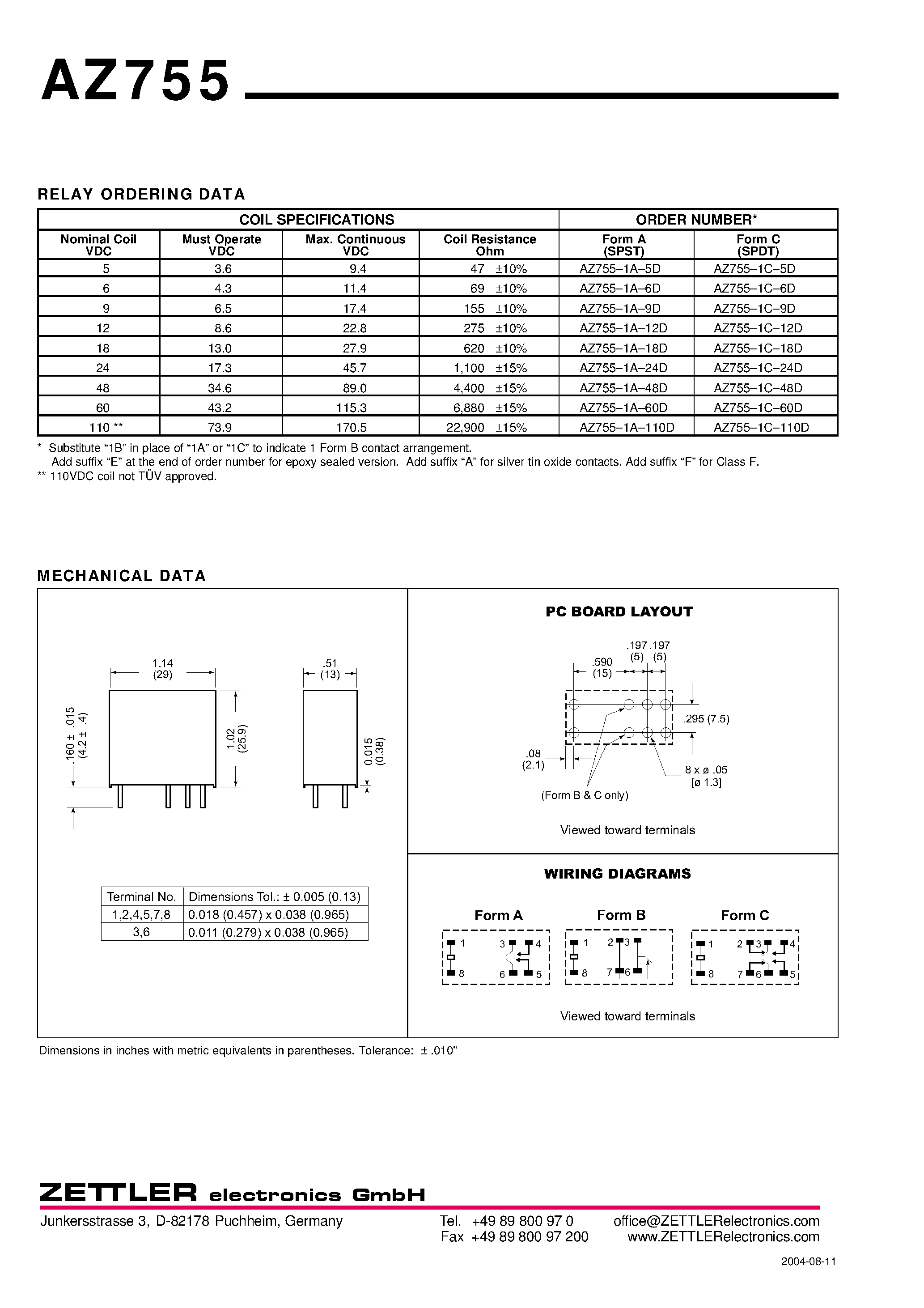 Даташит AZ755 - 20 AMP MINIATURE POWER RELAY страница 2