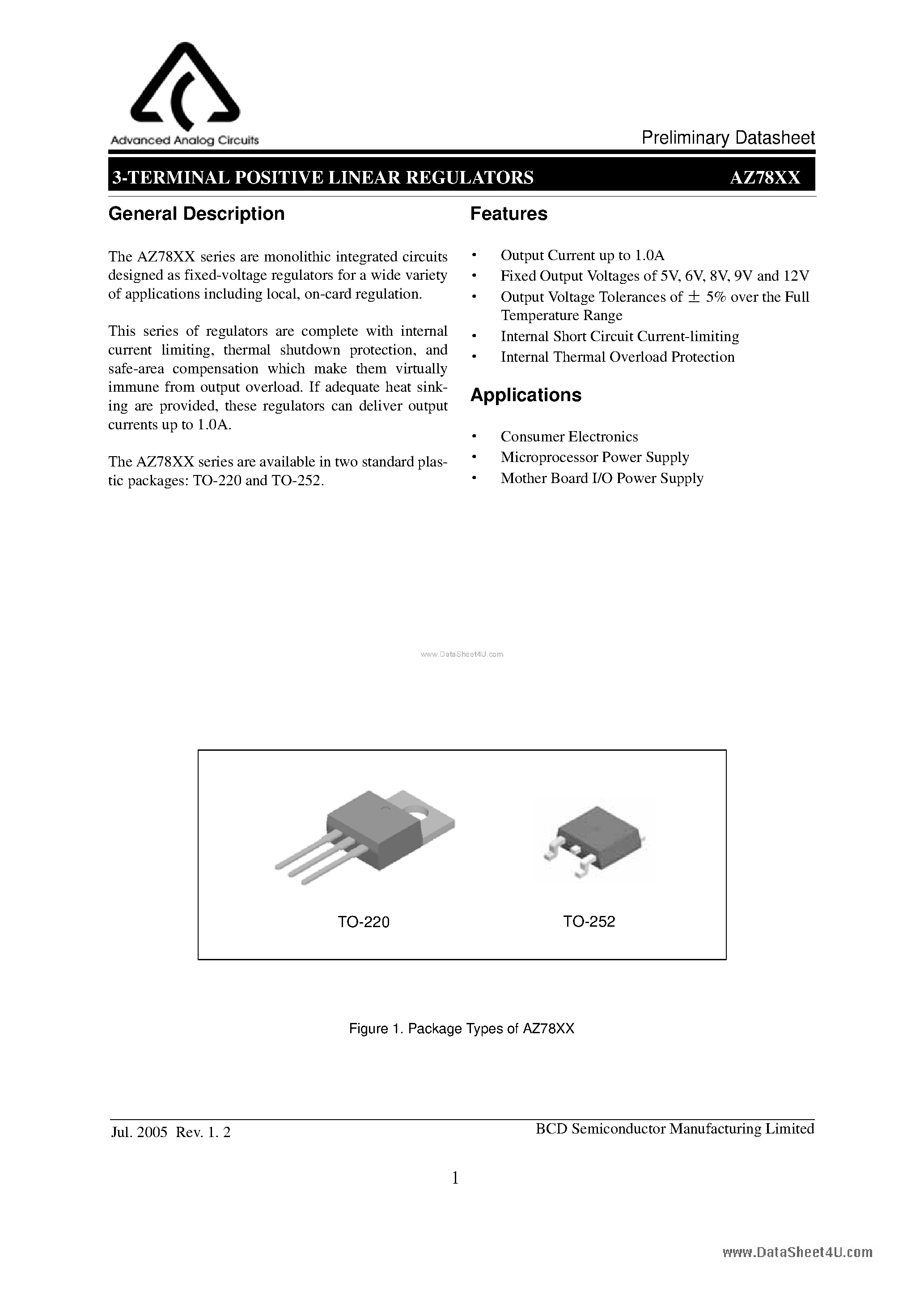 Datasheet AZ78xx - 3-TERMINAL POSITIVE LINEAR REGULATORS page 1