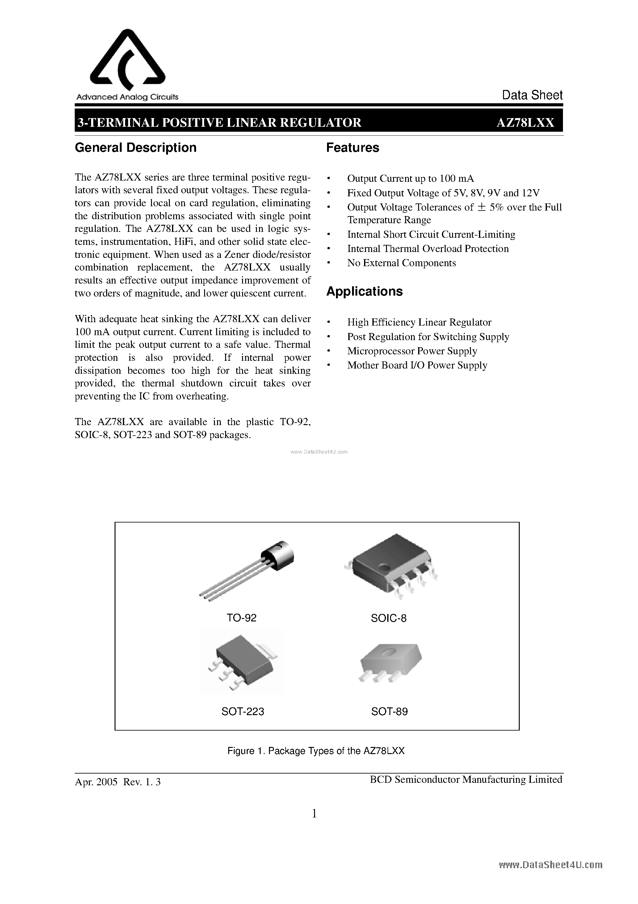 Datasheet AZ78Lxx page 1 Datasheet AZ78Lxx - 3-TERMINAL POSITIVE LINEAR REGULATORS page 1
