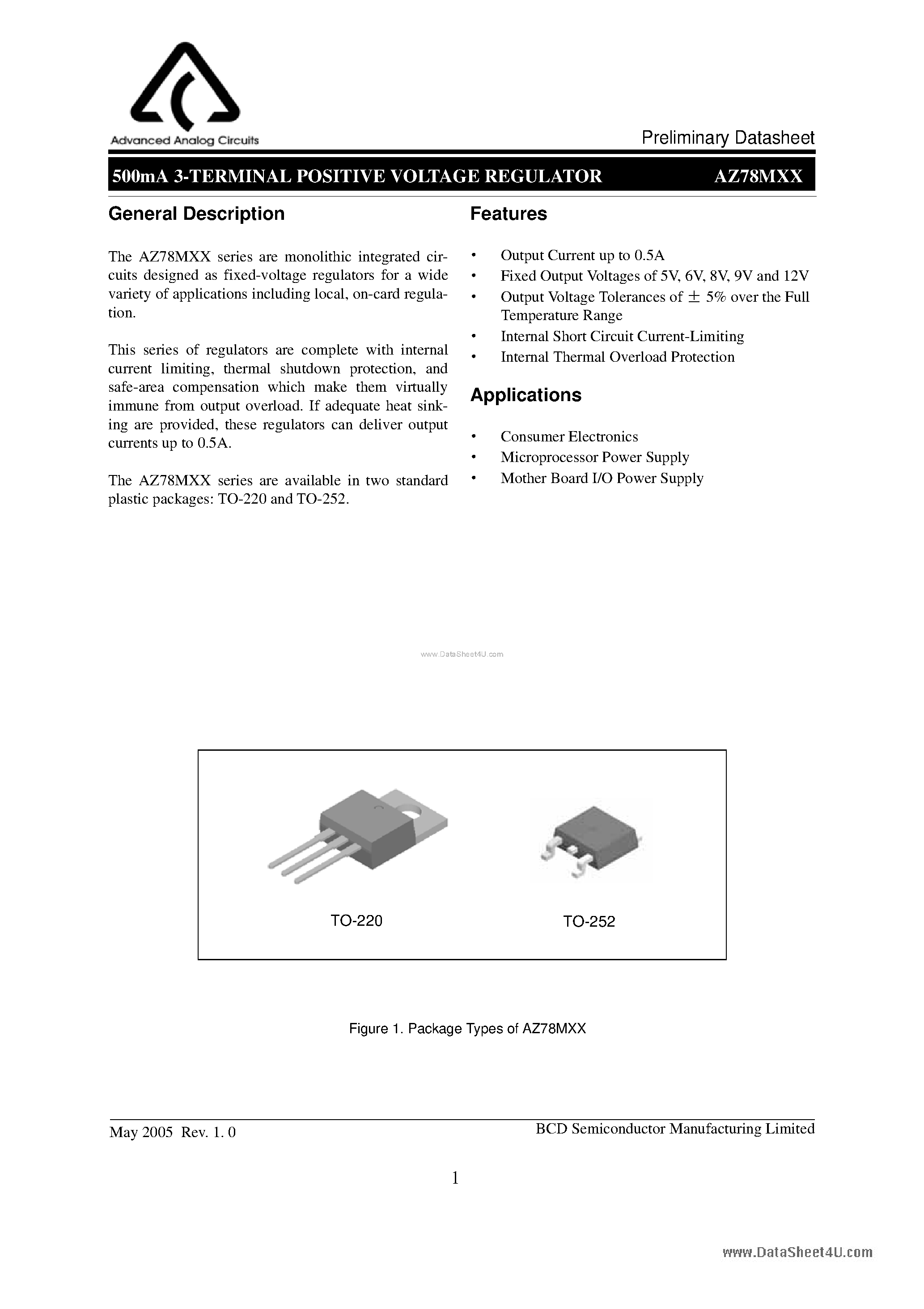 Datasheet AZ78Mxx page 1 Datasheet AZ78Mxx - 3-TERMINAL POSITIVE LINEAR REGULATORS page 1