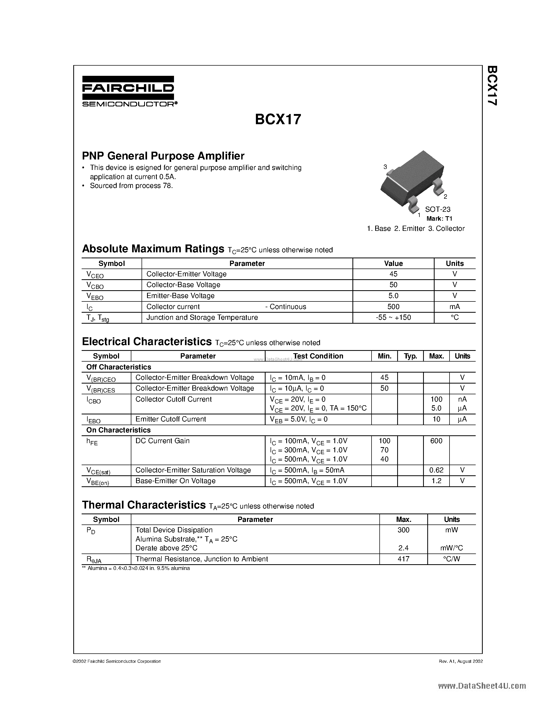 Datasheet BCX17 - PNP General Purpose Amplifier page 1