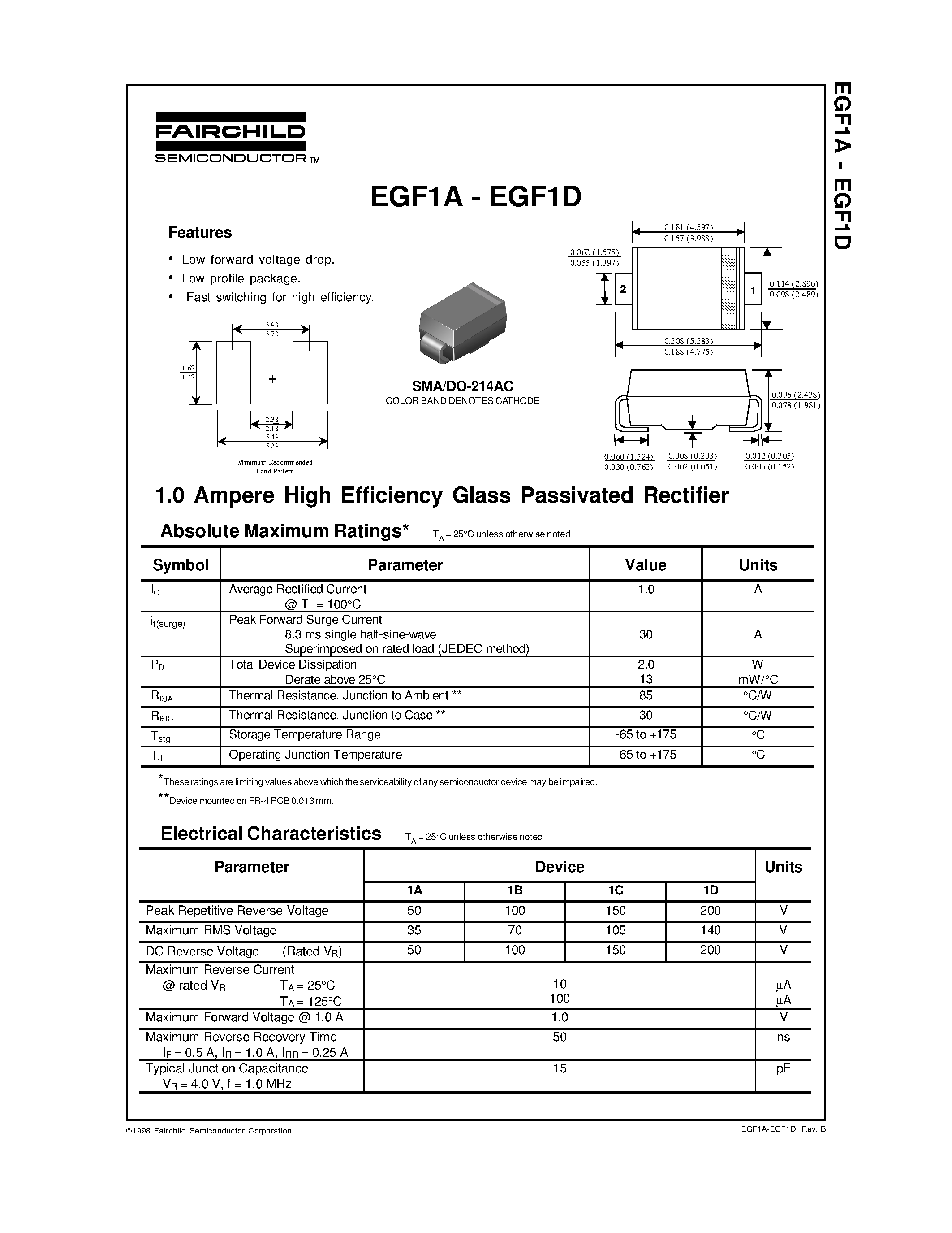 Datasheet EGF1B page 1 Datasheet EGF1B - 1.0 Ampere High Efficiency Glass Passivated Rectifier page 1