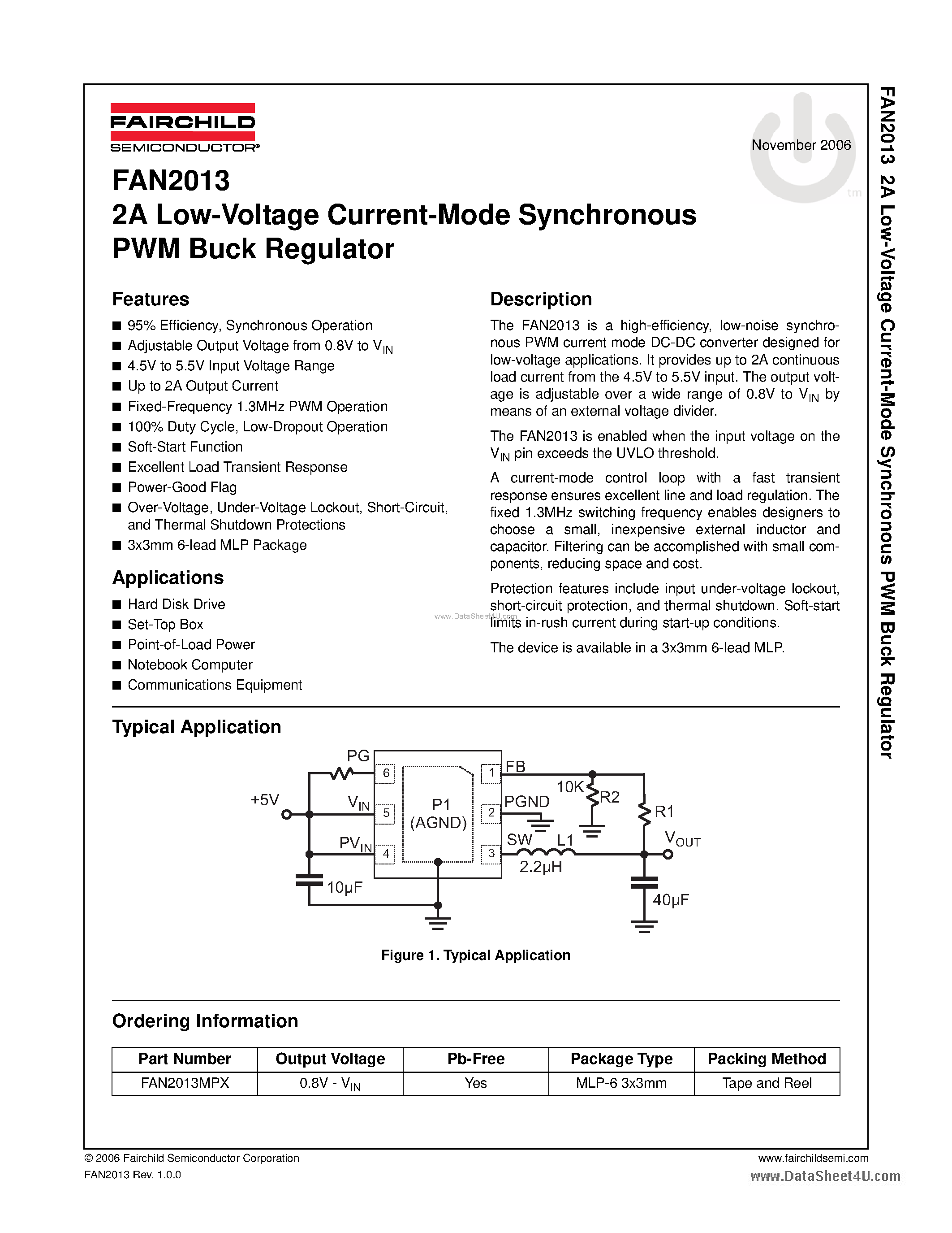 Datasheet FAN2013 - Low-Voltage Current-Mode Synchronous PWM Buck Regulator page 1