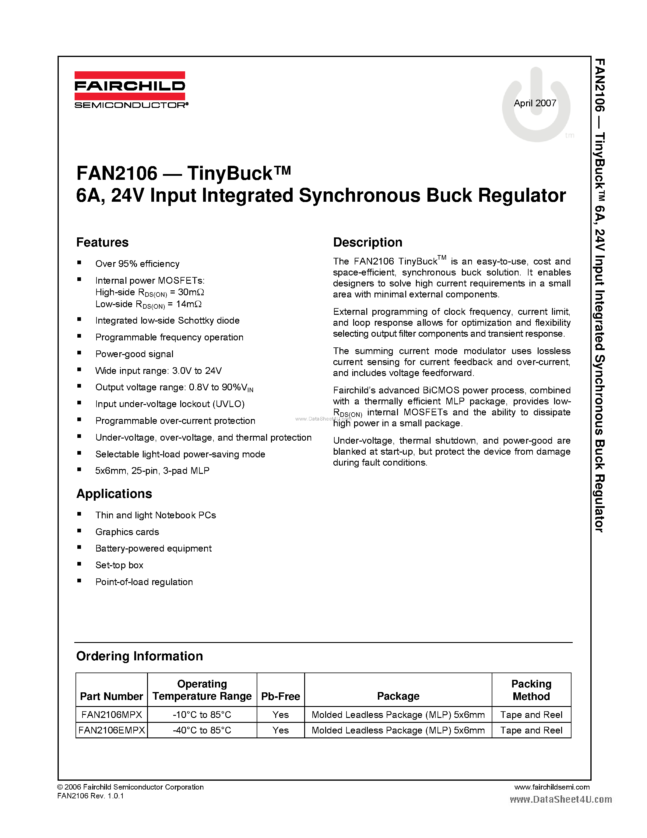 Datasheet FAN2106 - TinyBuck 6A 24V Input Integrated Synchronous Buck Regulator page 1