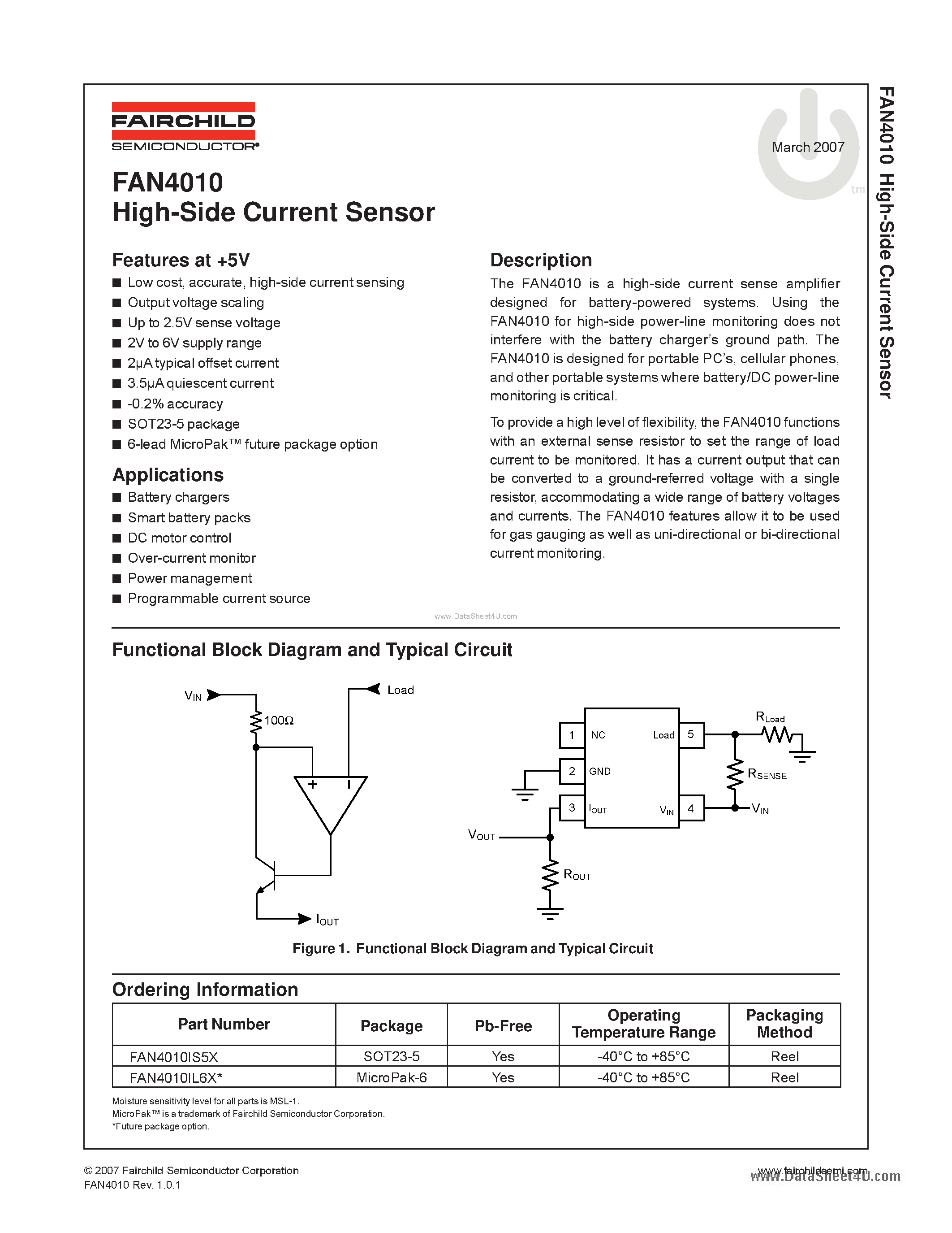 Datasheet FAN4010 - High-Side Current Sensor page 1