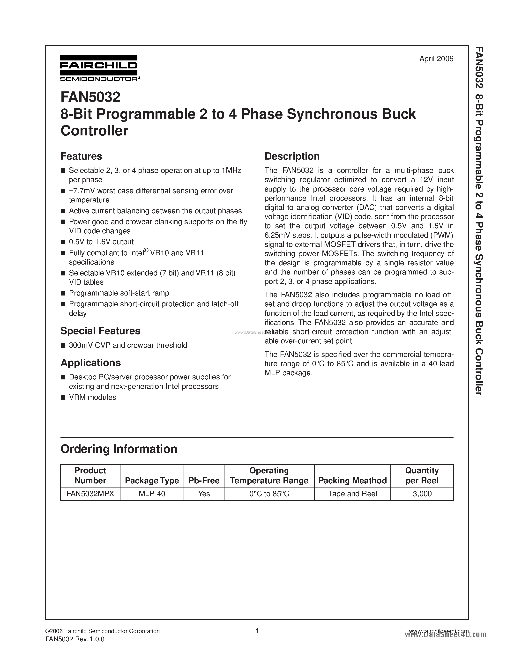 Datasheet FAN5032 page 1 Datasheet FAN5032 - 8-Bit Programmable 2 to 4 Phase Synchronous Buck Controller page 1
