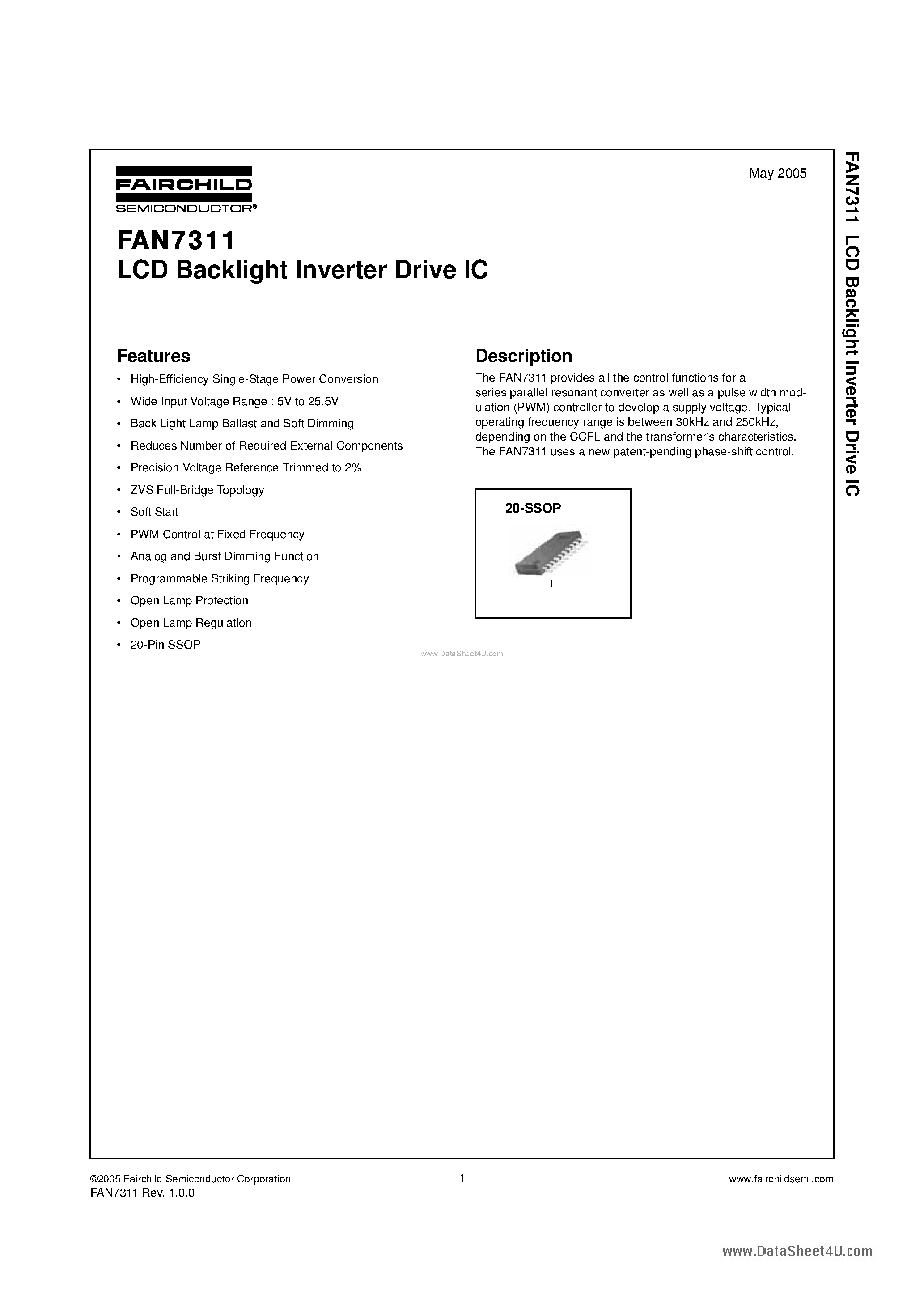 Даташит FAN7311 - LCD Backlight Inverter Drive IC страница 1