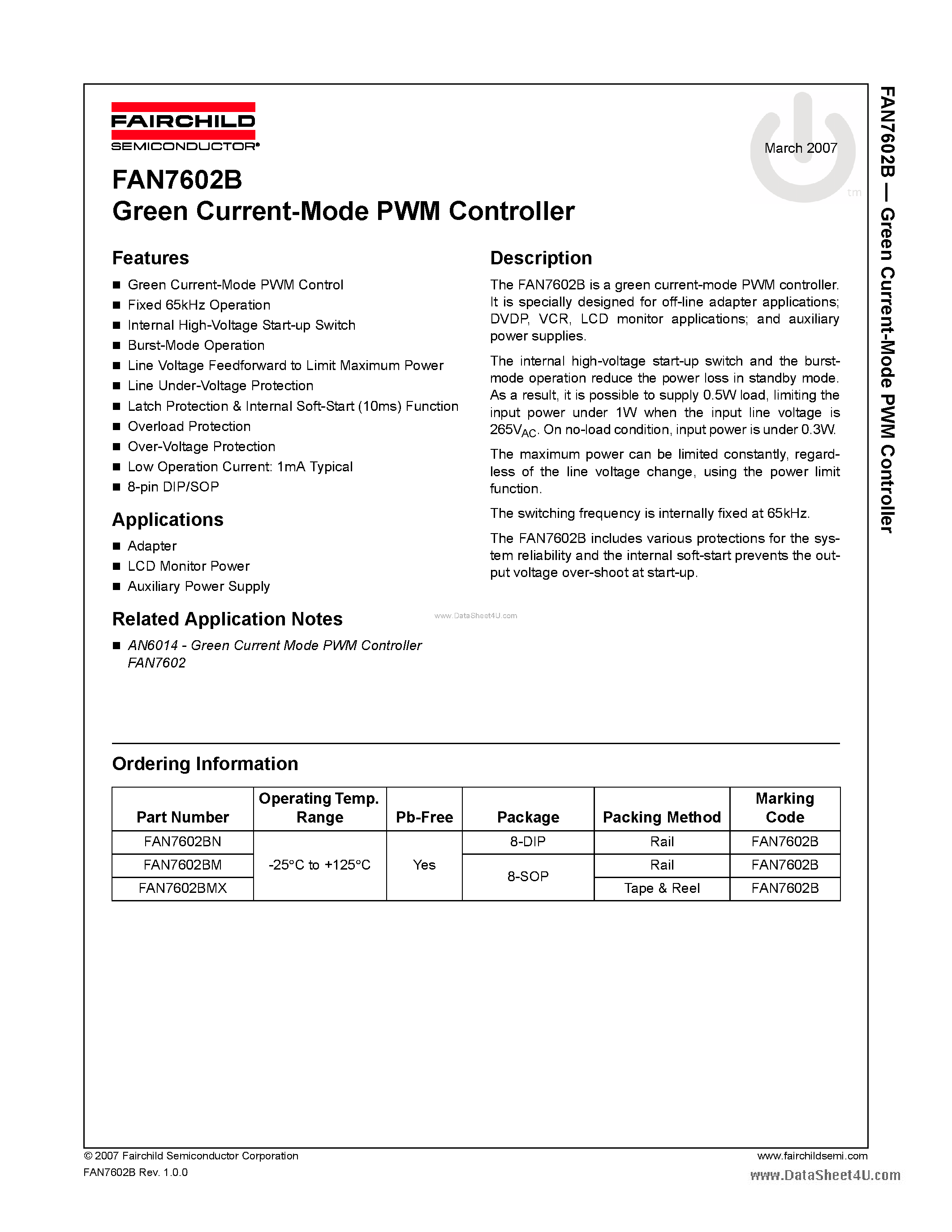 Даташит FAN7602B - Green Current-Mode PWM Controller страница 1