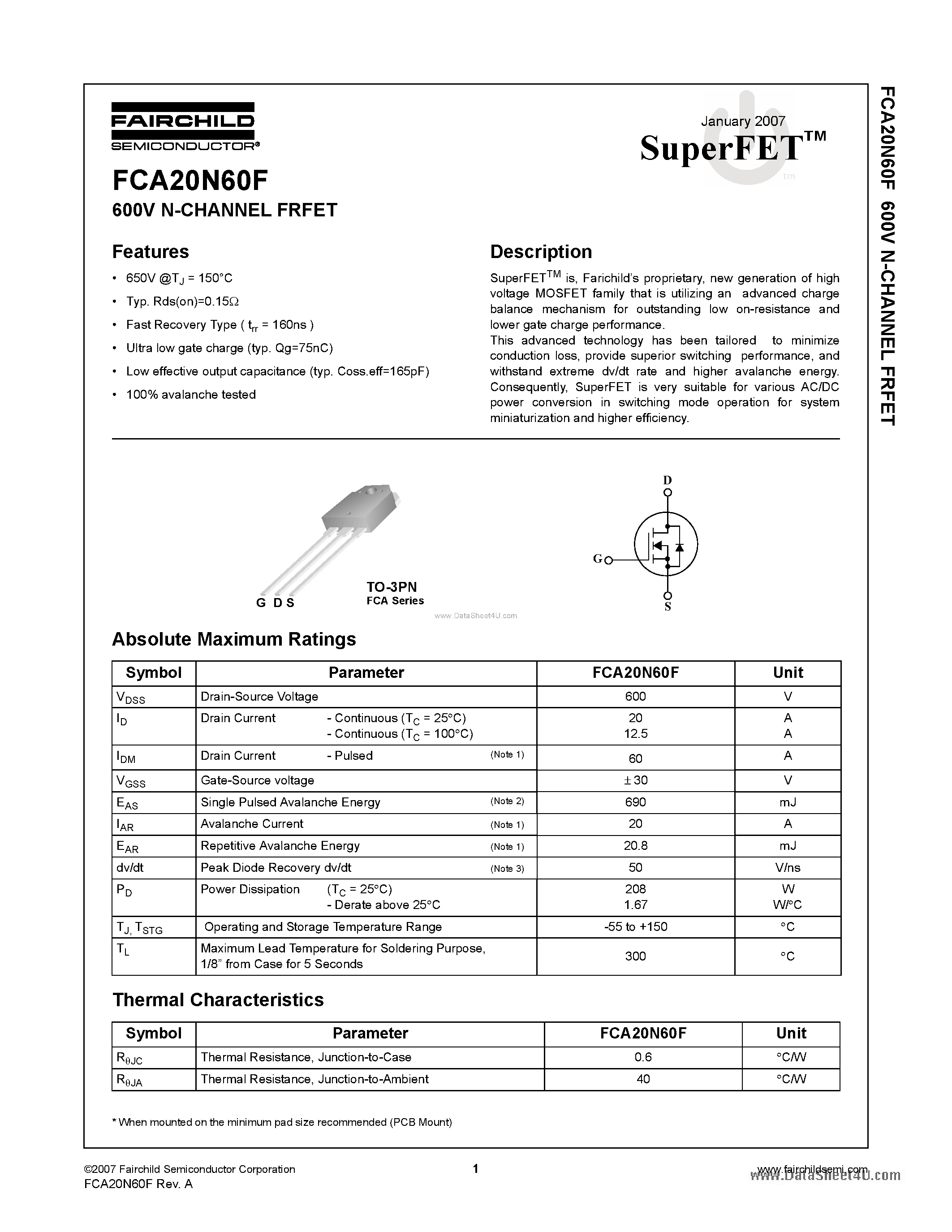 Datasheet FCA20N60F - N-CHANNEL FRFET page 1