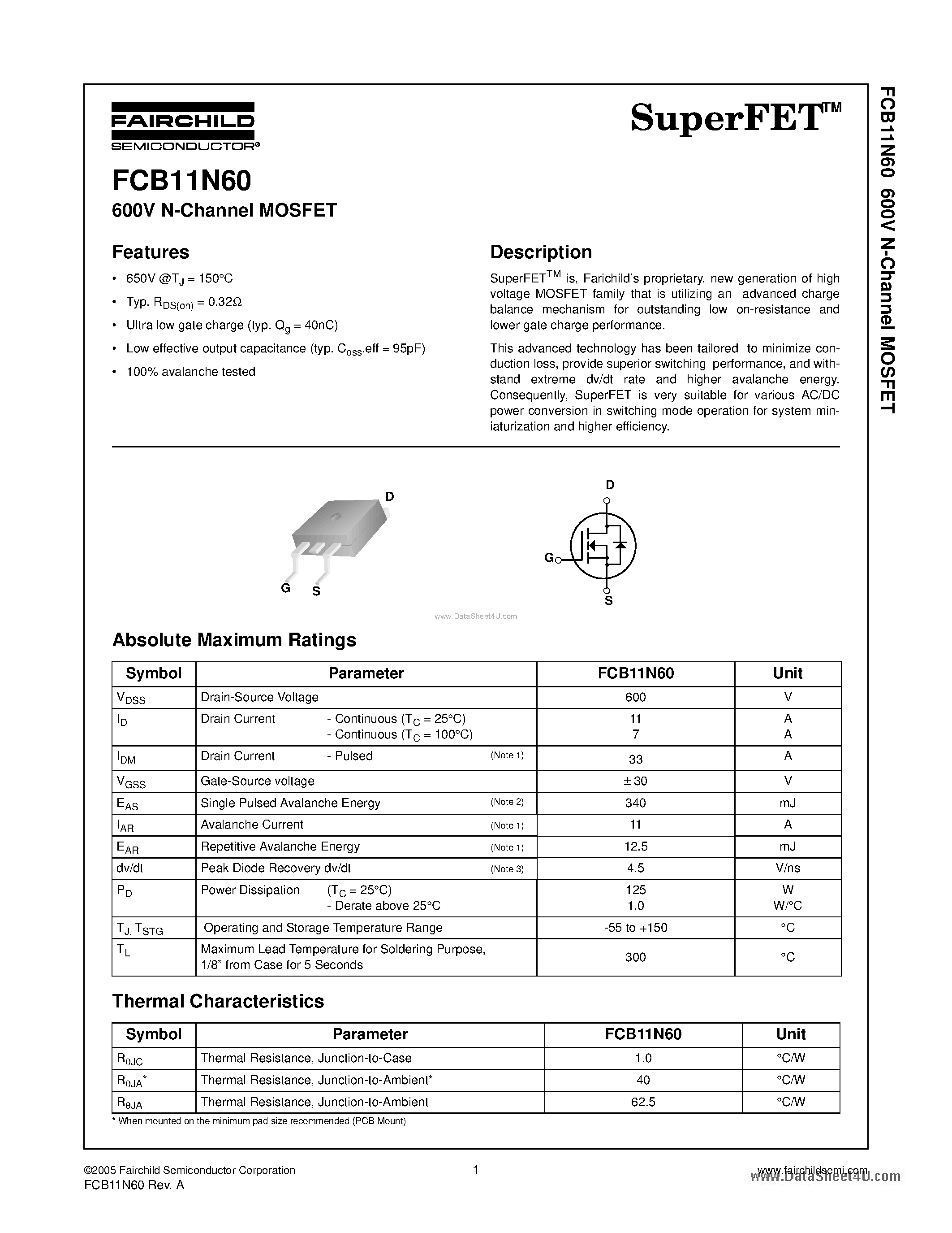 Datasheet FCB11N60 - N-Channel MOSFET page 1
