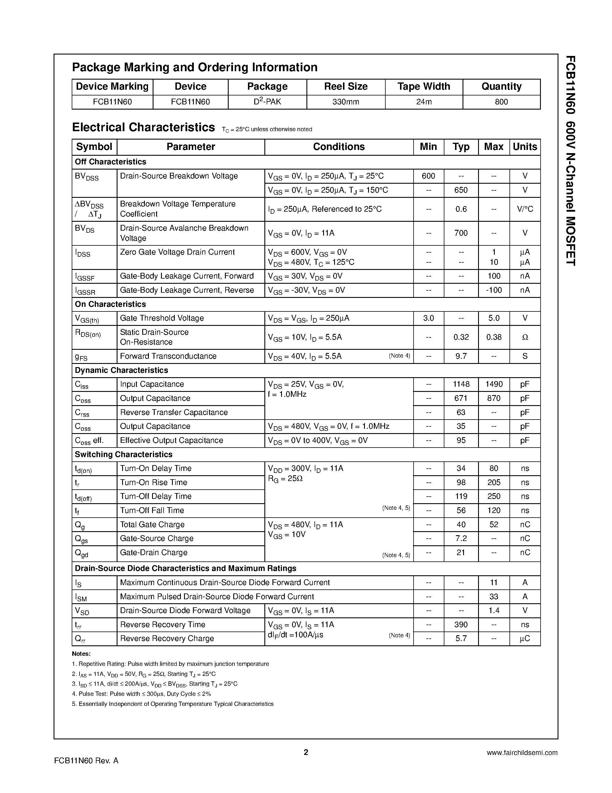 Datasheet FCB11N60 - N-Channel MOSFET page 2