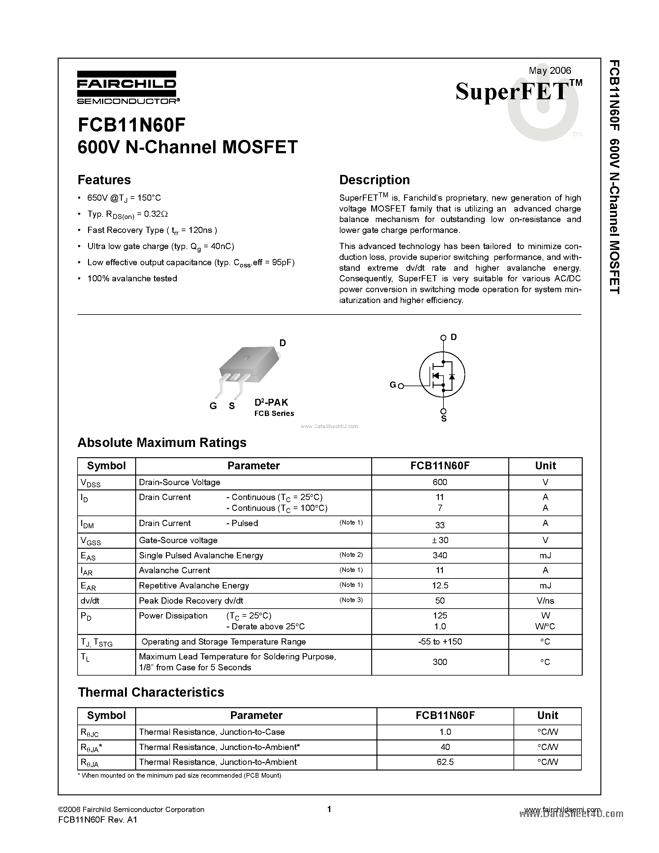 Datasheet FCB11N60F - N-Channel MOSFET page 1