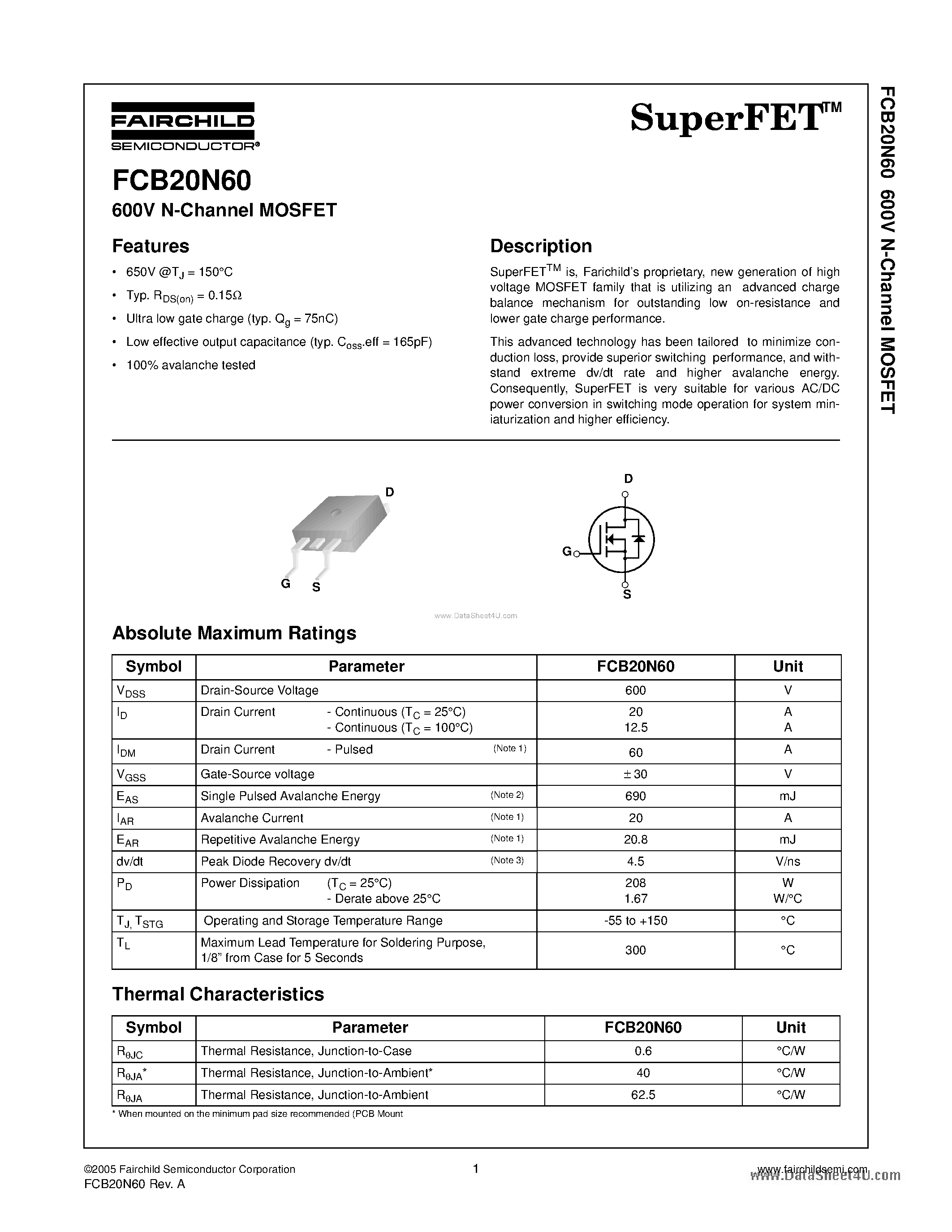 Datasheet FCB20N60 - N-Channel MOSFET page 1
