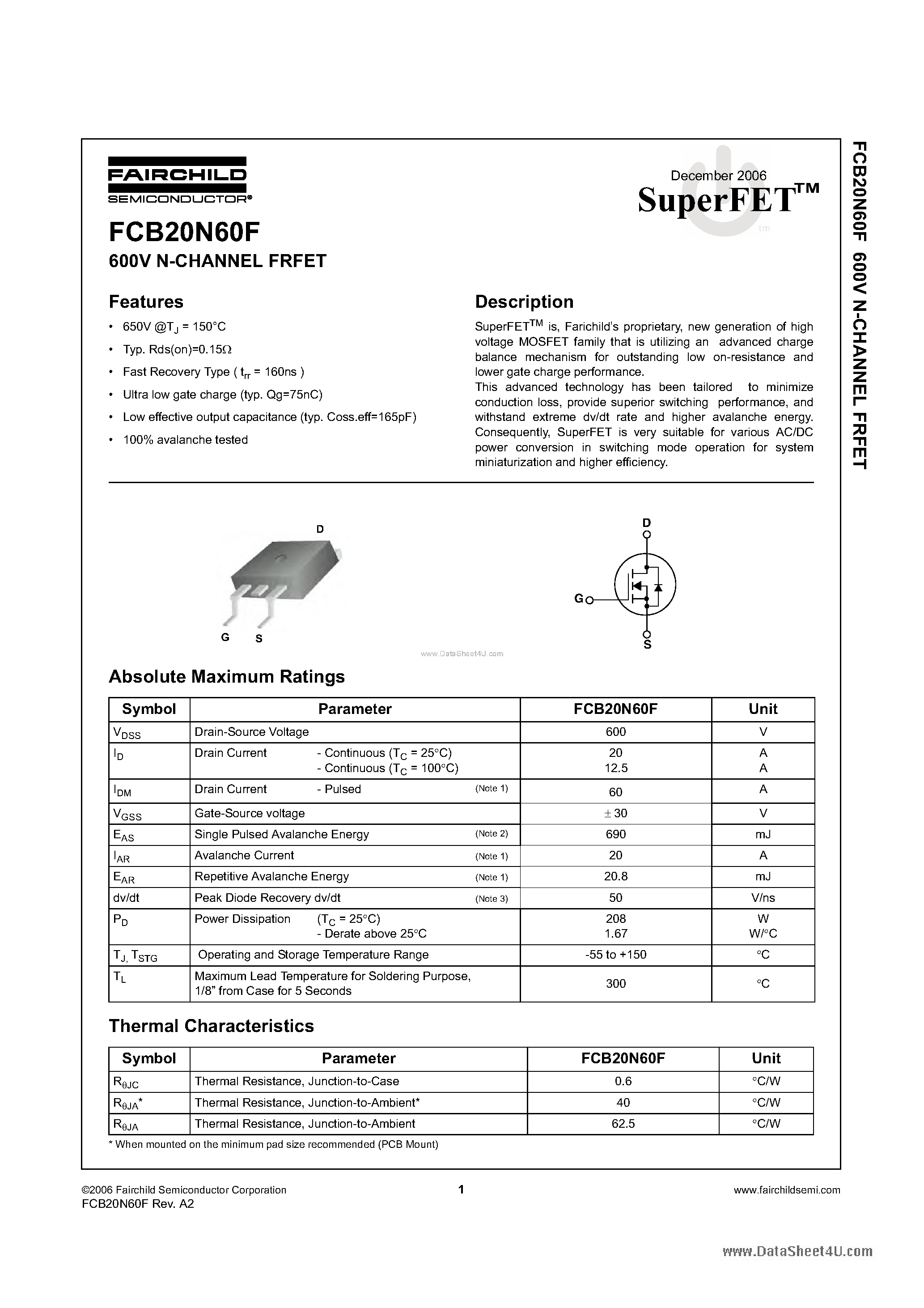 Datasheet FCB20N60F - N-Channel MOSFET page 1