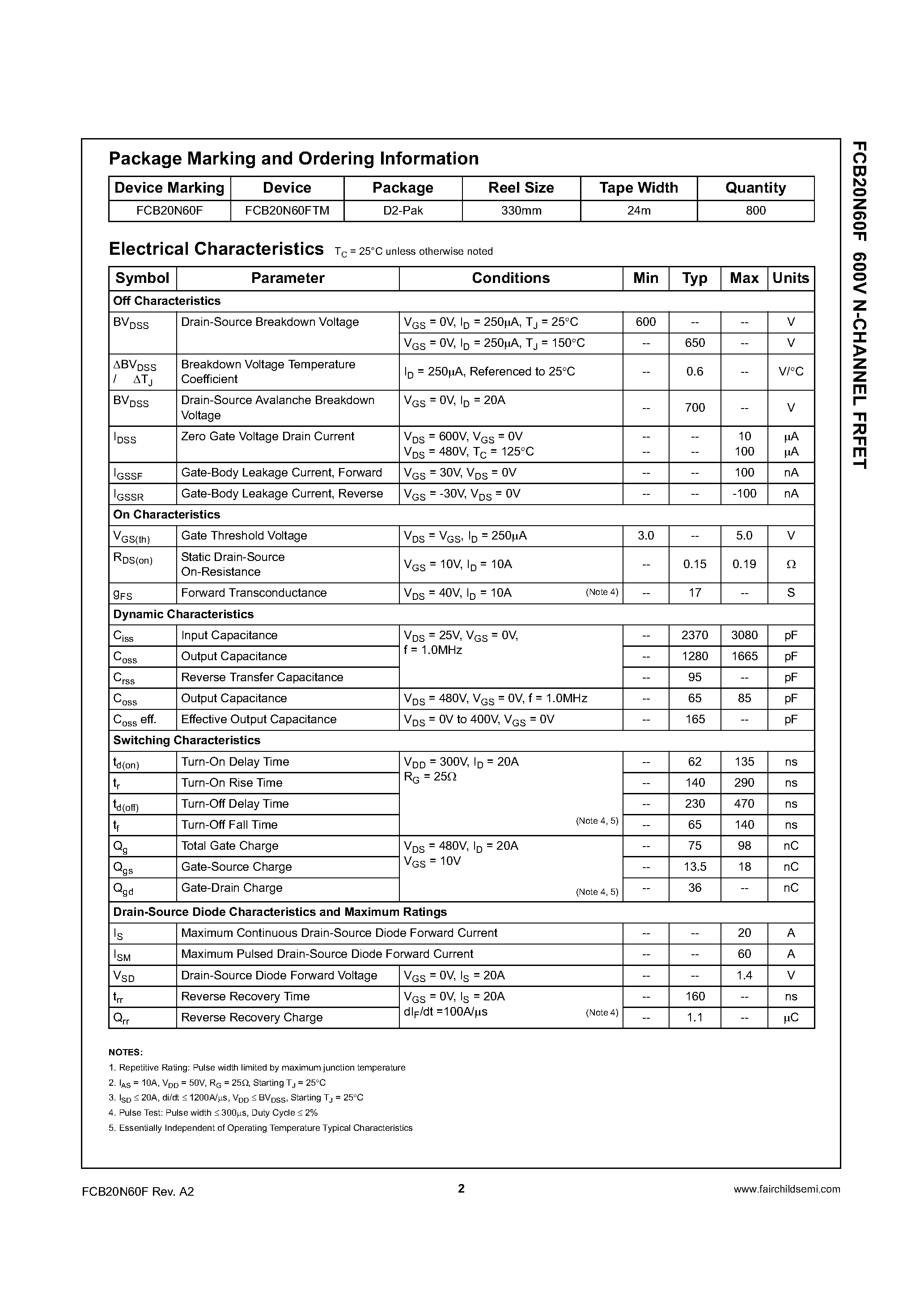 Datasheet FCB20N60F - N-Channel MOSFET page 2