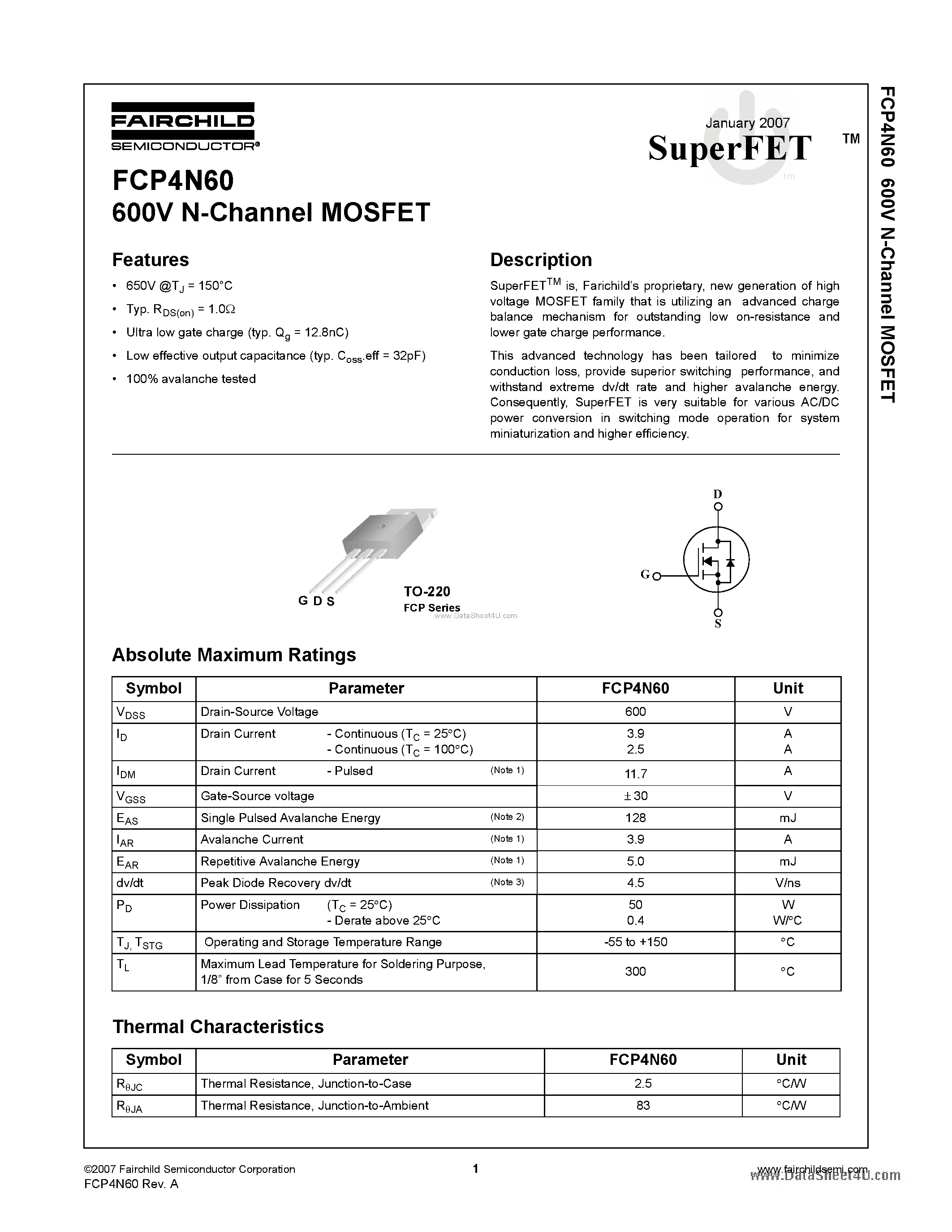 Datasheet FCP4N60 - N-Channel MOSFET page 1