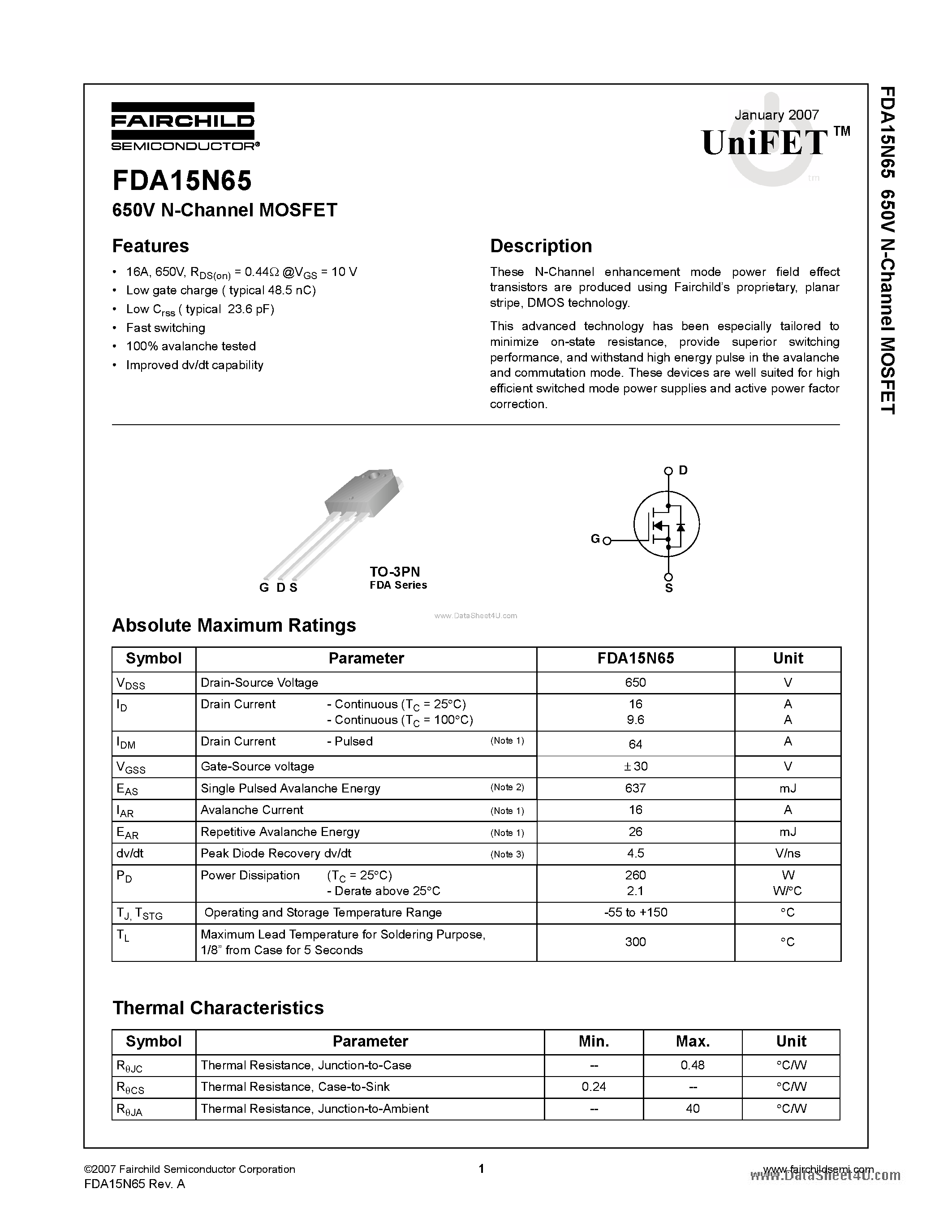 Datasheet FDA15N65 - N-Channel MOSFET page 1