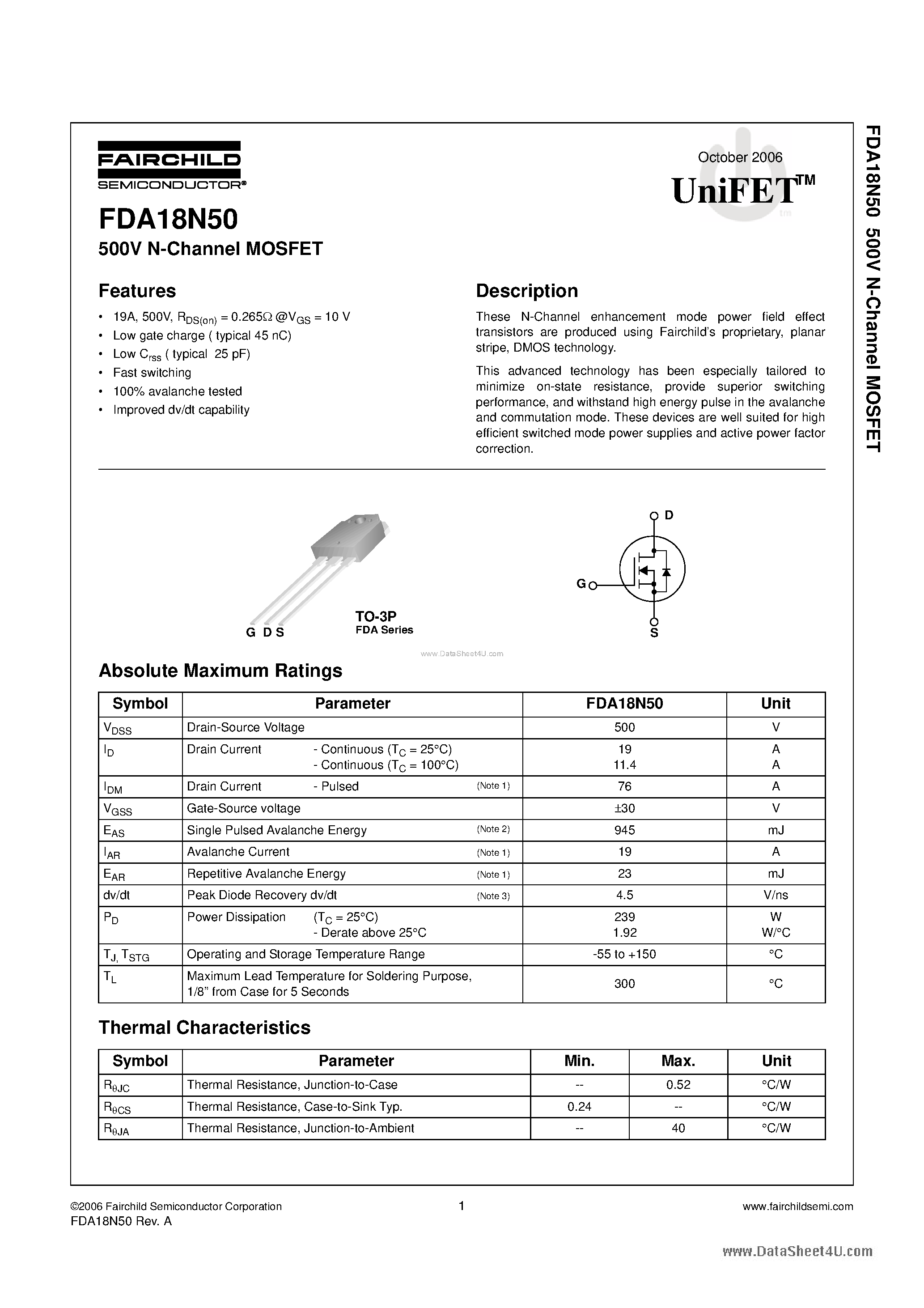 Datasheet FDA18N50 - N-Channel MOSFET page 1