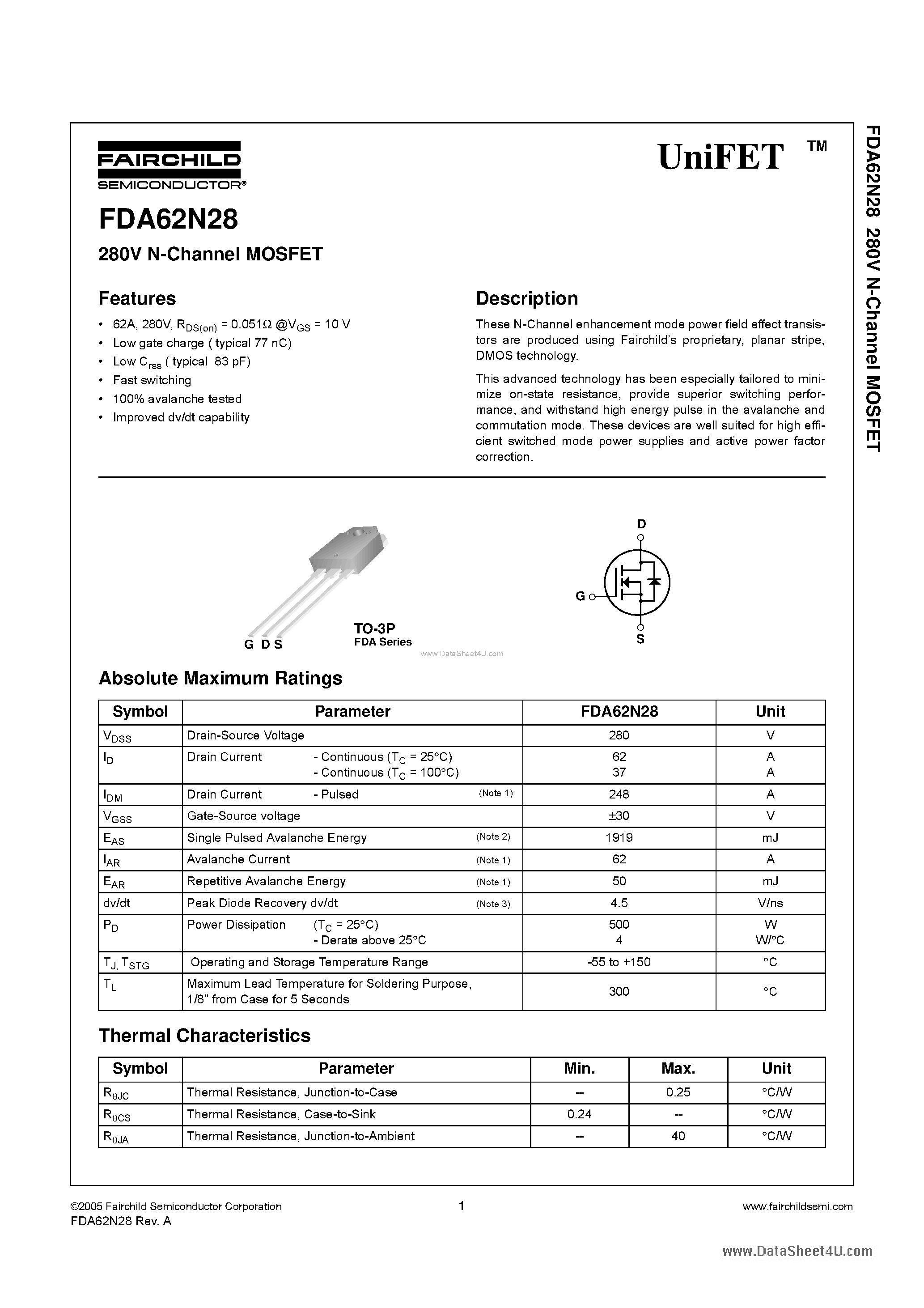 Datasheet FDA62N28 - N-Channel MOSFET page 1